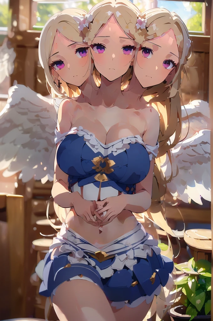 (masterpiece, best quality), best quality, (ultra-detailed), (3heads:1.5), 1girl, ((ultra-detailed), (3heads:1.5), 1girl, (sariel:1.3), masterpiece, best quality, (high quality), (high resolution), (best quality:1.5, highres, UHD), highres, absurdo, ultra detail, ultra quality, ultra resolution, blue top, crop top, ((stomach)), midriff, ((groin)), blue skirt, normal ears, shackles, white knee-length hair, very long hair, wavy hair, sidelocks, blue eyes, parted lips, sweat, cute, toned belly, hand on own chest, eyelashes, (25 year old woman:1.3), (masterpiece:1.5), (best quality:1.5), (beautiful detailed, extremely detailed CG, extremely delicate and beautiful, depth of field, (finely detailed face), (perfect details:1.3), (mature female:1.3), wide pelvis, slender, large veiny breast, 16k resolution, high quality, high definition, extremely detailed, masterpiece, white knee-length hair, long hair, alluring presence, braid, short skirt, close up, big tits, young, six angel wings,