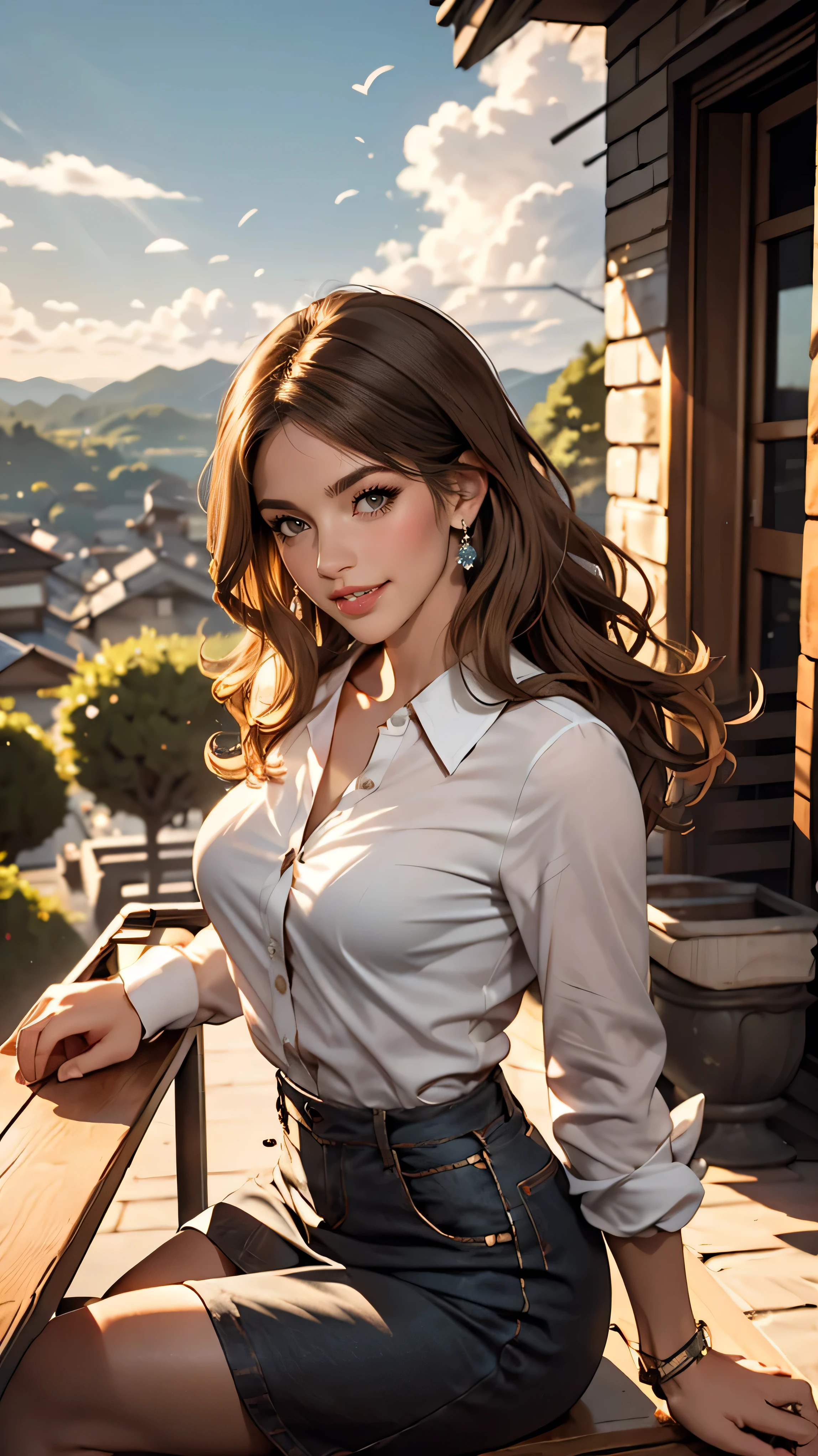 Claude Monet 、sitting with her back to the top of the mountain_with blue sky and white clouds,rays of sunshine、White long sleeve buttoned blouse_Brown tweed mini skirt,Super long brown hair,Hair with loose waves insid、blue eyes、Long straight hair_Hair reaching down to the waist、shy smile、full figure supermodel standing, entire body in frame、Shoot so that the whole body is captured away from the camer、standing gracefully、From an oblique angle above、close her eyes,open her mouth wide,Furrow her brow deeply
