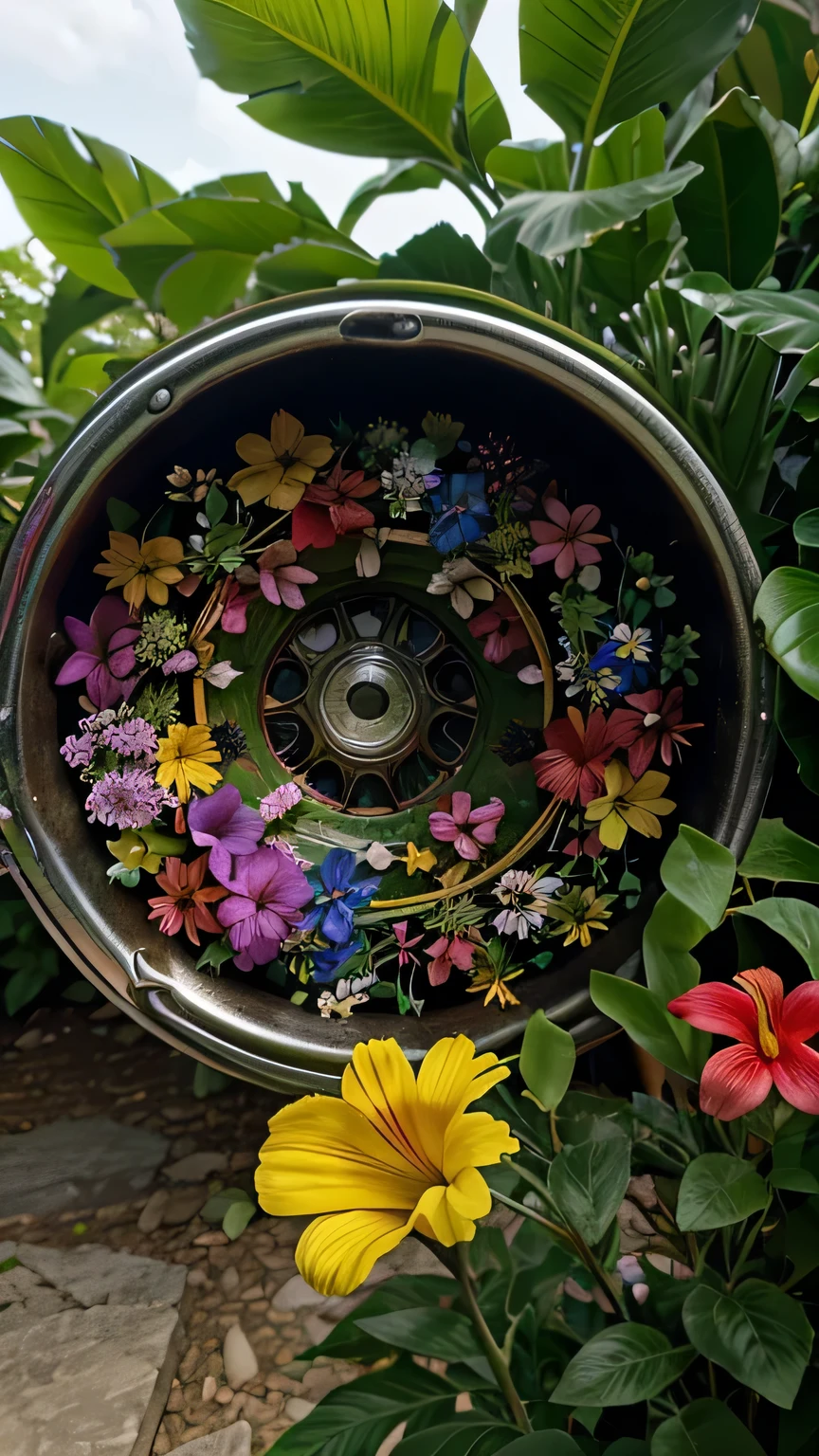 Closed pov of a garden filled with lots of different types of flowers, bothside,  picture, by Robbie Trevino, hurufiyya, beautiful tropical flowers, photo of a beautiful, f12, wesley kimler, lots of flowers, upon a peak in darien, tropical
