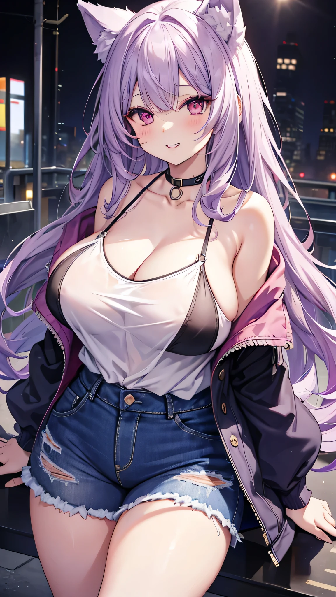 Wolf Girl, Large Breasts, Voluminous light purple hair, masterpiece , Red eyes, hd, Thick thighs, Head to Chest, buried in my chest、Double teeth、tooth、Chubby、Grinning、camisole、Big Tits、Denim Jacket、white iris、
