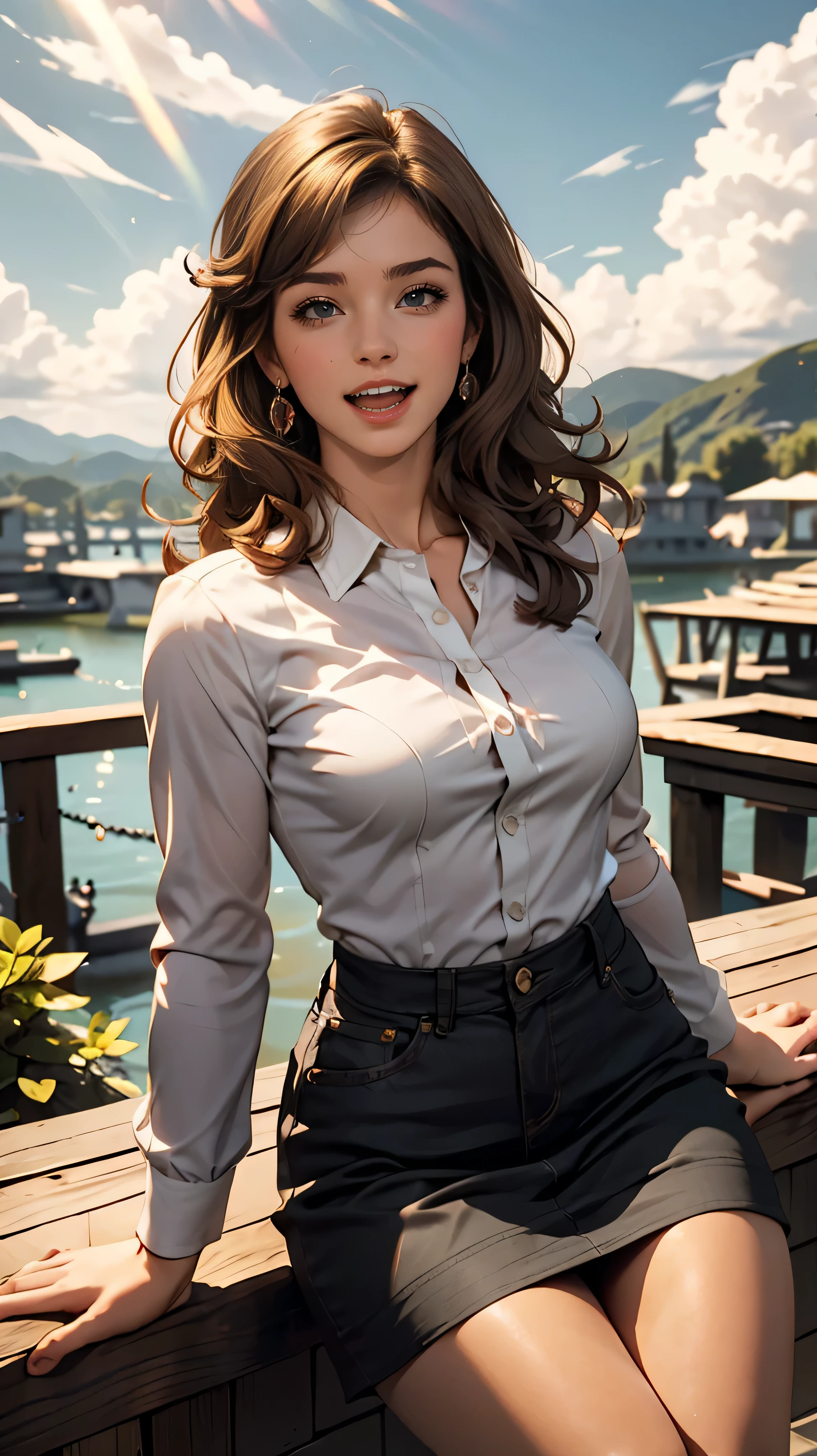 Claude Monet 、sitting with her back to the top of the mountain_with blue sky and white clouds,rays of sunshine、White long sleeve buttoned blouse_Brown tweed mini skirt,Super long brown hair,Hair with loose waves insid、blue eyes、Long straight hair_Hair reaching down to the waist、shy smile、full figure supermodel standing, entire body in frame、Shoot so that the whole body is captured away from the camer、standing gracefully、From an oblique angle above、close her eyes,open her mouth wide,Furrow her brow deeply