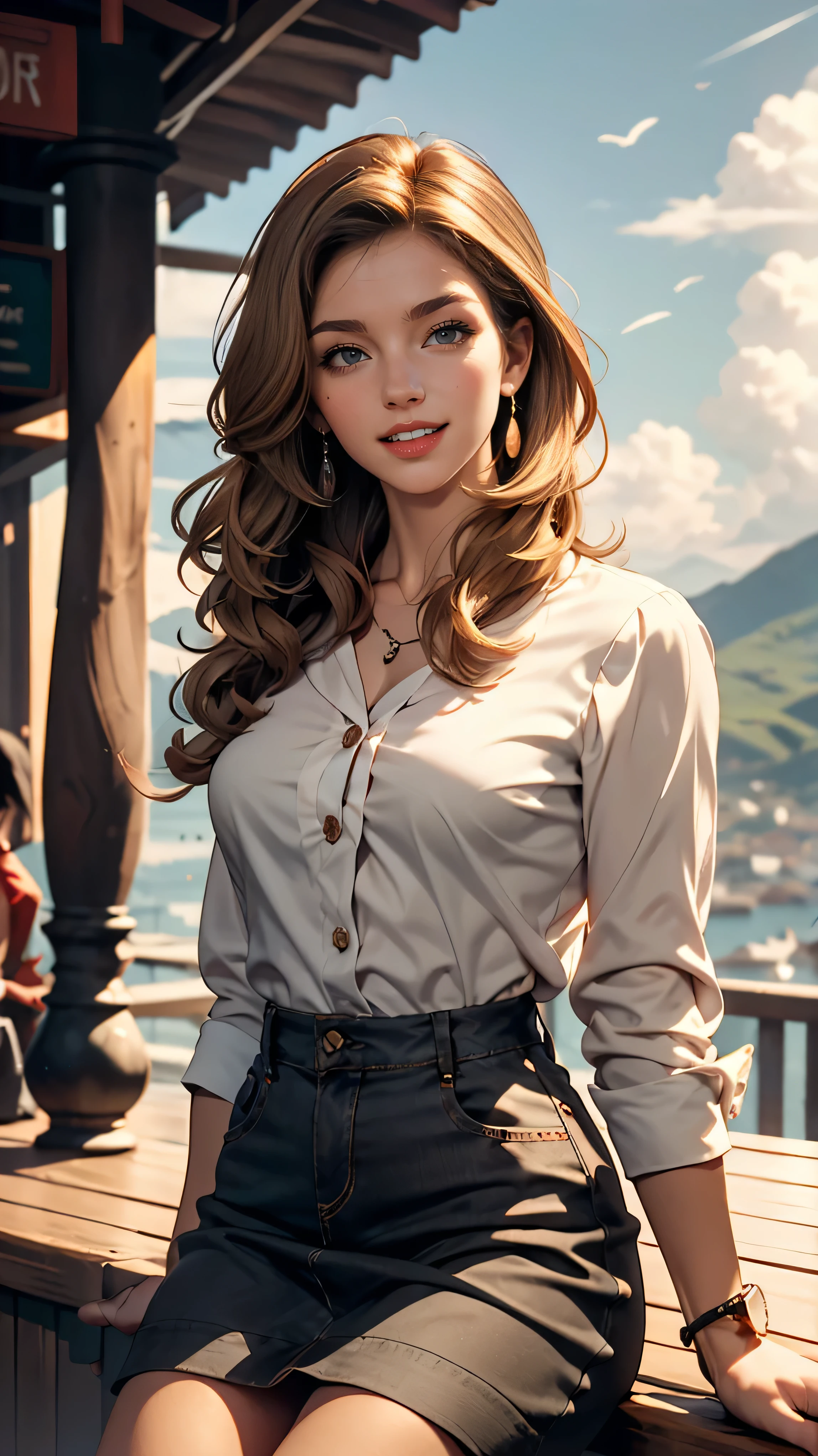 Claude Monet 、sitting with her back to the top of the mountain_with blue sky and white clouds，rays of sunshine、White long sleeve buttoned blouse_Brown tweed mini skirt,Super long brown hair,Hair with loose waves insid、blue eyes、Long straight hair_Hair reaching down to the waist、shy smile、full figure supermodel standing, entire body in frame、Shoot so that the whole body is captured away from the camer、standing gracefully、From an oblique angle above、close her eyes,open her mouth wide,Furrow her brow deeply、right hand touching her chest and left hand on her groin