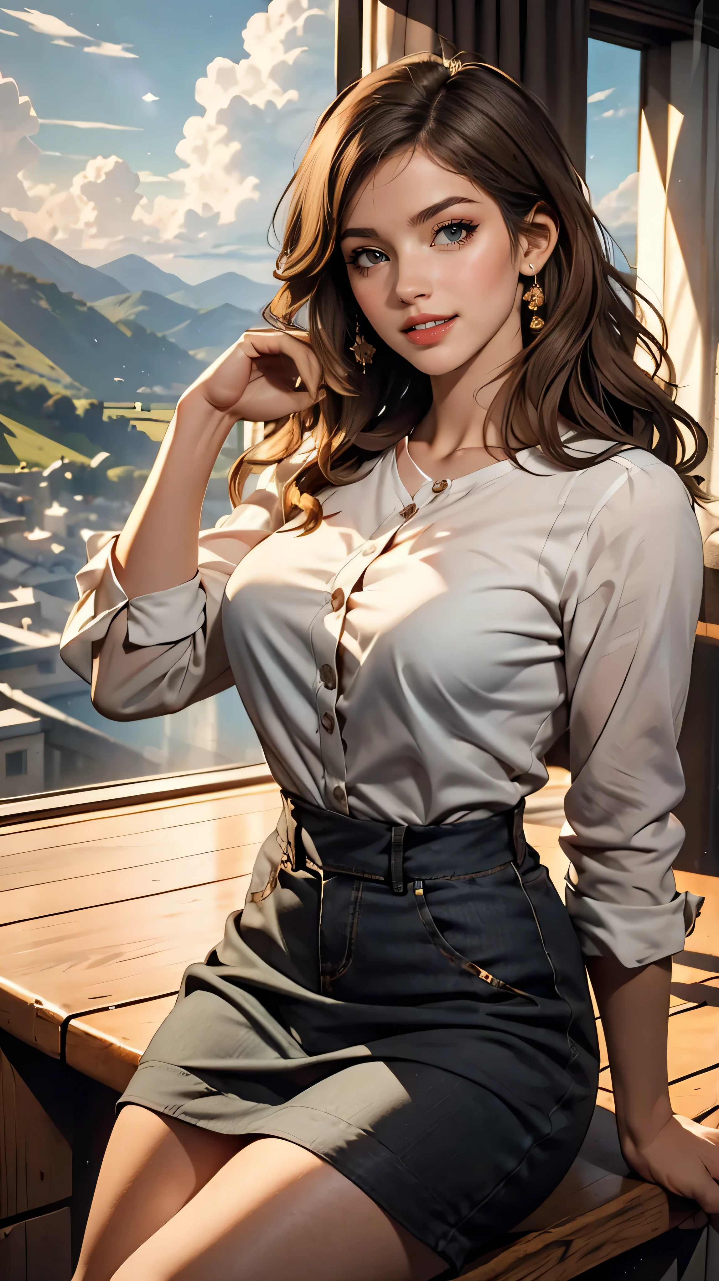 Claude Monet 、sitting with her back to the top of the mountain_with blue sky and white clouds，rays of sunshine、White long sleeve buttoned blouse_Brown tweed mini skirt,Super long brown hair,Hair with loose waves insid、blue eyes、Long straight hair_Hair reaching down to the waist、shy smile、full figure supermodel standing, entire body in frame、Shoot so that the whole body is captured away from the camer、standing gracefully、From an oblique angle above、close her eyes,open her mouth wide,Furrow her brow deeply、right hand touching her chest and left hand on her groin