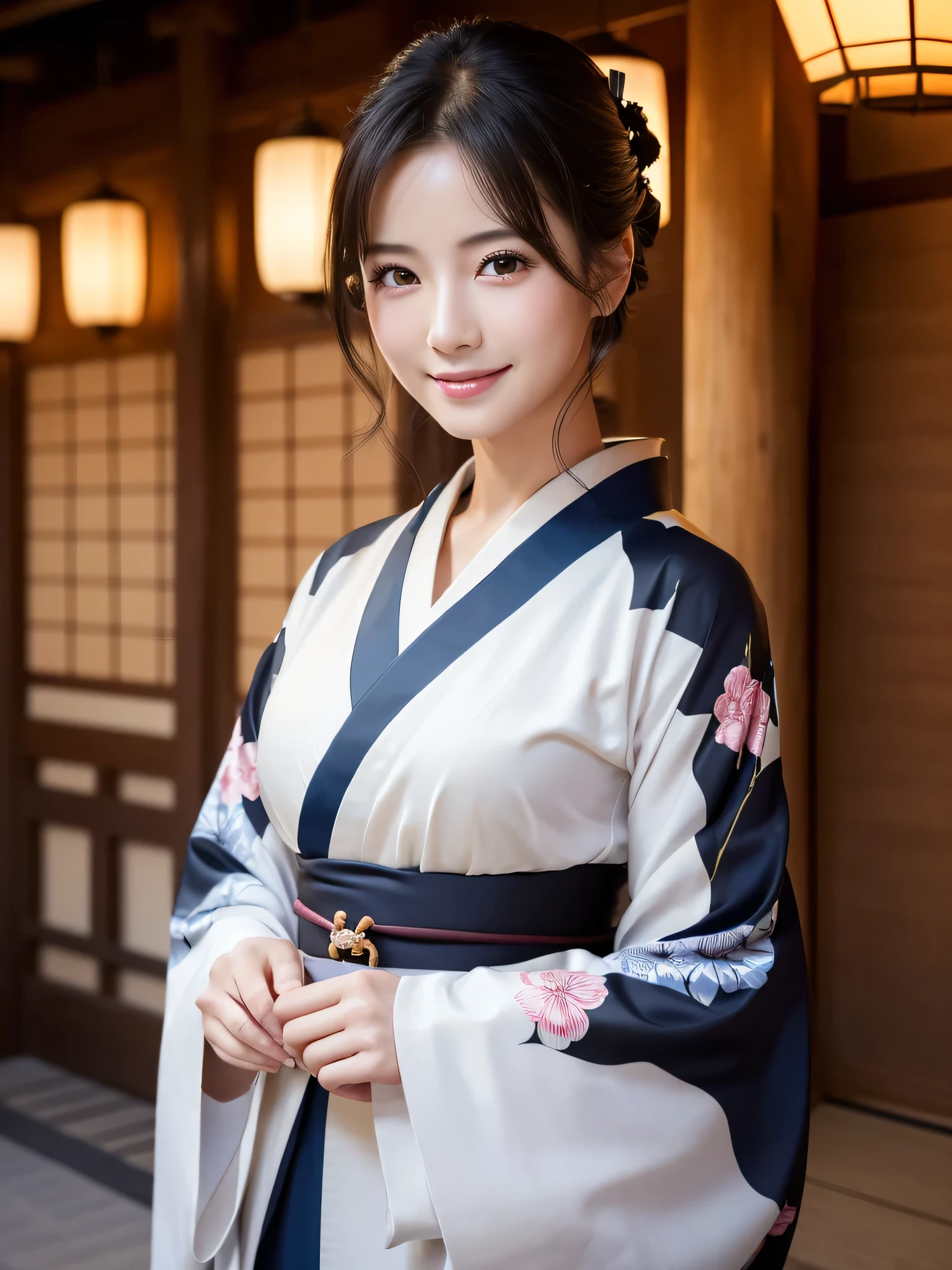 (Super beautiful woman in kimono)、((highest quality、8K masterpiece:1.3))、sharp focus:1.2、(super beautiful face:1.0)、(shiny skin:1.0)、realistic pictures、black hair、video lighting、High resolution eyes and face、video lighting、japanese actress、from the front、with a happy smile、whole body、wearing a kimono、in Kyoto、(luxury obi)