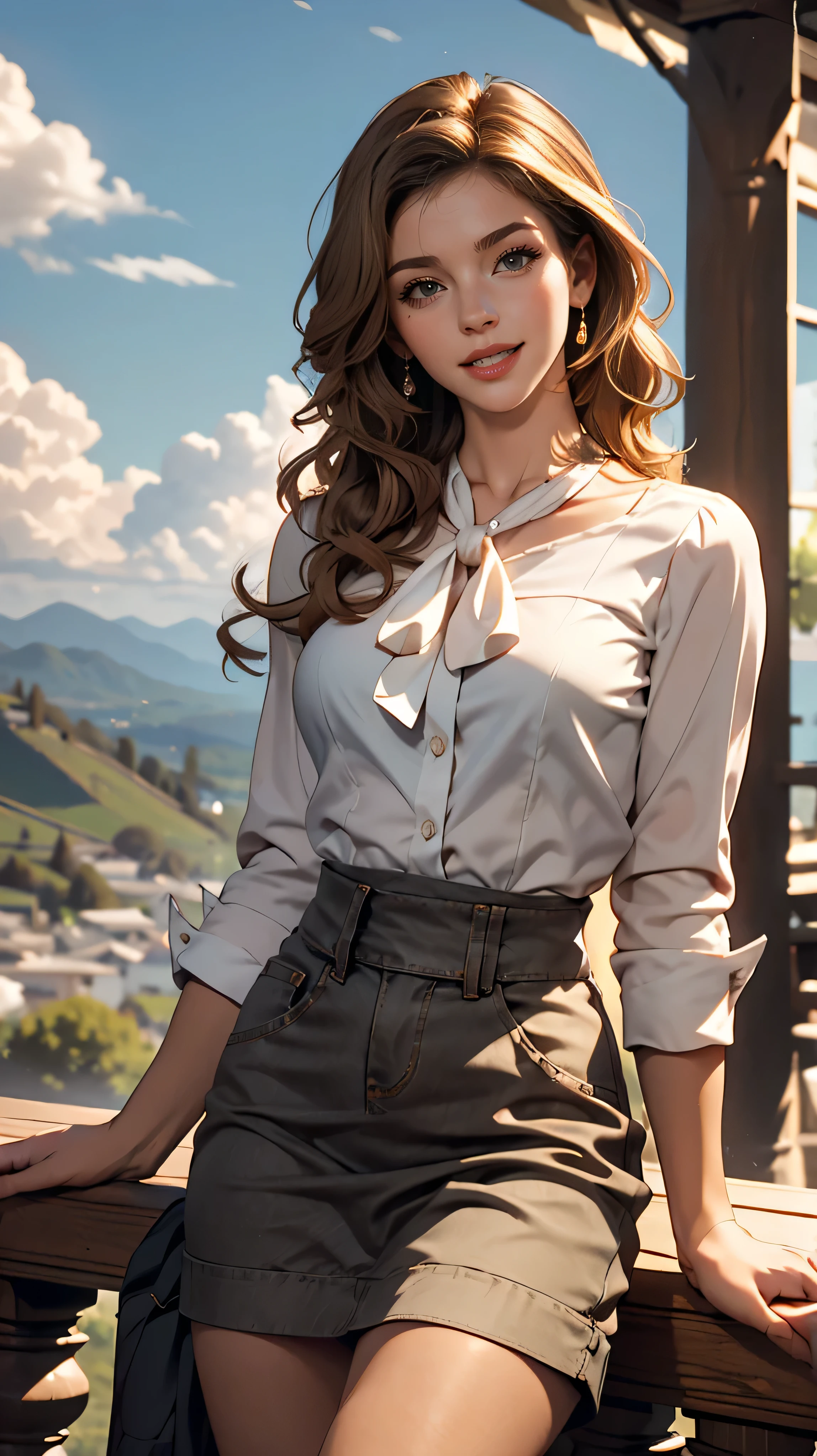 Claude Monet 、sitting with her back to the top of the mountain_with blue sky and white clouds,rays of sunshine、White long sleeve buttoned blouse_Brown tweed mini skirt,Super long brown hair,Hair with loose waves insid、blue eyes、Long straight hair_Hair reaching down to the waist、shy smile、full figure supermodel standing, entire body in frame、Shoot so that the whole body is captured away from the camer、standing gracefully、From an oblique angle above、close her eyes,open her mouth wide,Furrow her brow deeply、right hand touching her chest and left hand on her groin