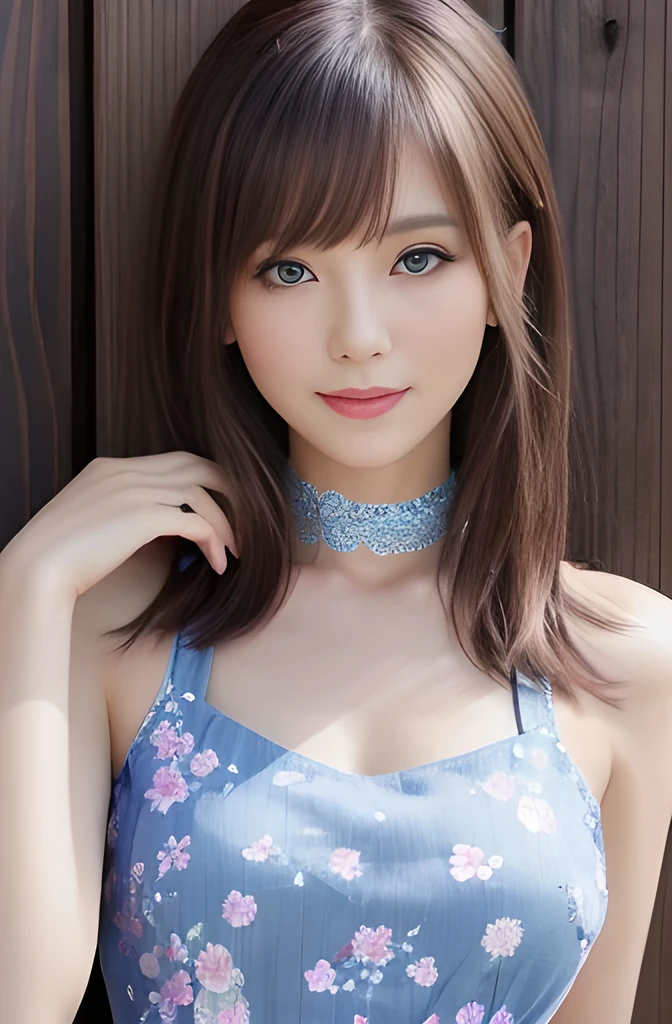 masterpiece, Multiple Mature Women per photo, Front view, Cute Japanese middle-aged woman, Long Bob Hair, (Lavender floral patterned Chinese dress), Very cute face, Glossy Lips, Double eyelids on both eyes, Natural Makeup, Brown Hair, Asymmetrical bangs, High resolution, Attention to detail, Detailed hairstyle, Detailed face, Octane Rendering, Ultra-realistic, Perfect limbs, Black Choker, blue eyes, Big Breasts, ((Slim body:1.5)), Cool Beauty, ((Slim face)), smile, ((Straight Long Hair)), Mature Woman, Browsing Caution:-1.2, Wood grain table, Wooden wall, Very long eyelashes, Beautiful white feet