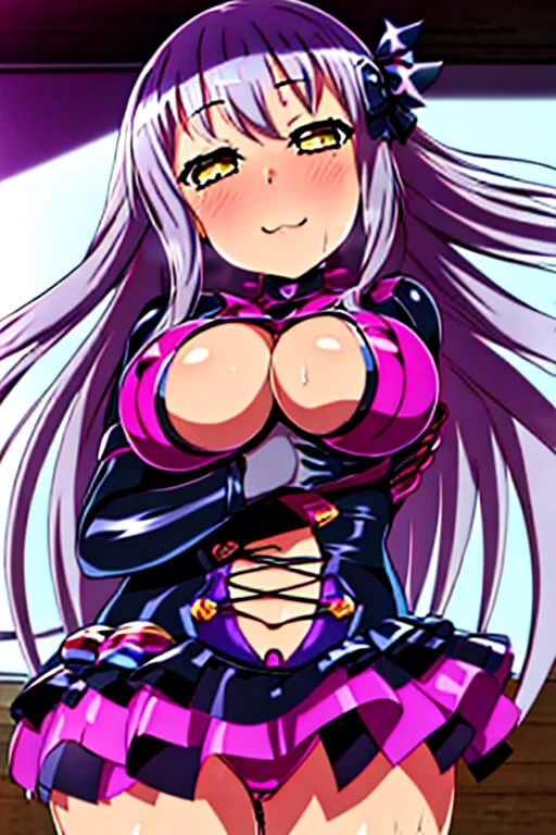 masterpiece, best quality, ultra-detailed, kawaii, cute, lovely, sexy, ero, extremely detailed, 4K, 8K, best quality, beautiful, anime style, in the classroom, a cute girl, latex bodysuit, beautiful eyes, large breast, cool,minato yukina,yellow eyes,grey hair,bang dream!,long hair