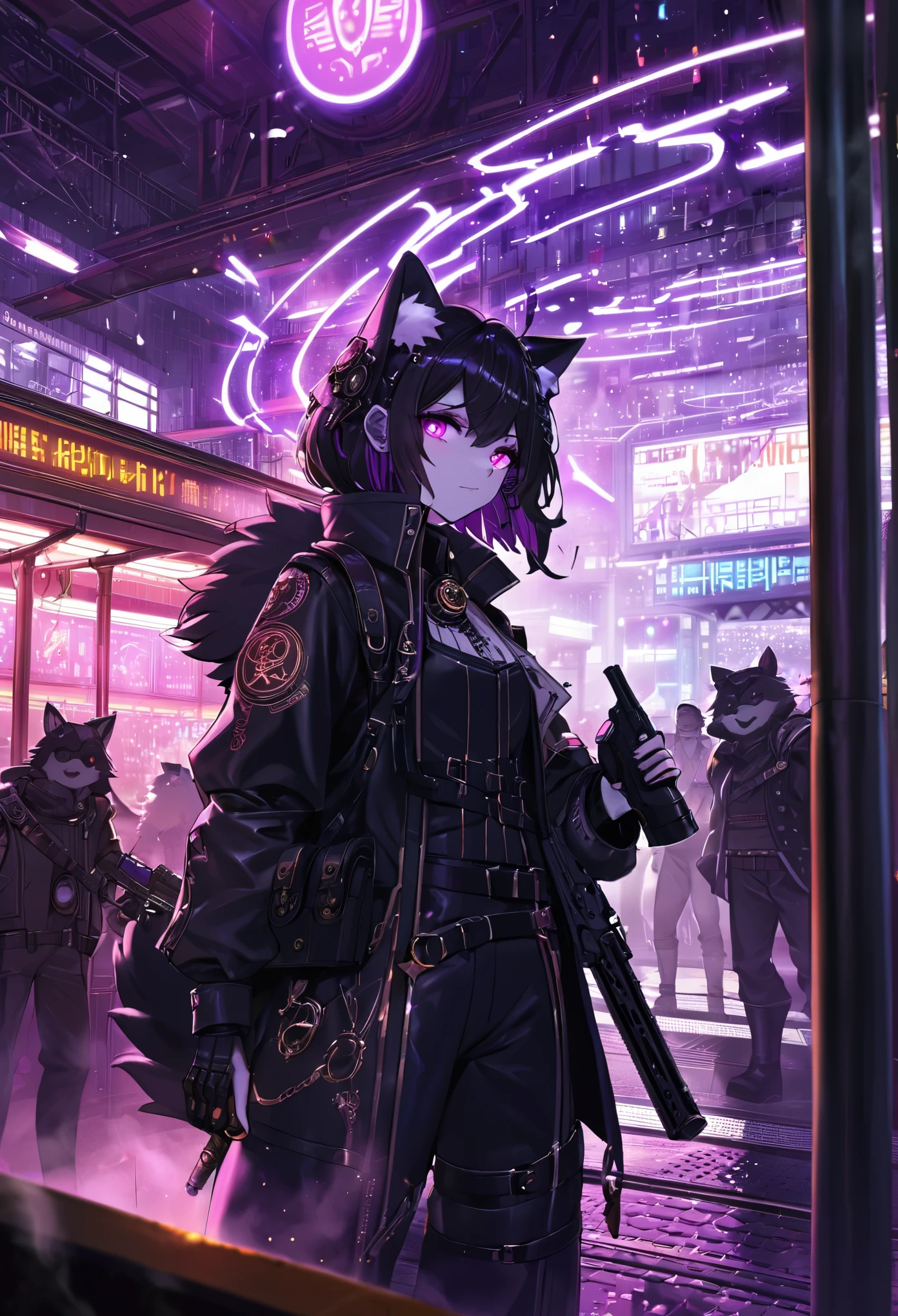 masterpiece, best quality, novel illustration, highres, steam-punk meets sci-fi, rubber suit, neon lights glowing, station platform crowded, (1boy, 1girl, hero, heroine, kemono, furry, anthro), shoots weapon, alluring neon-glow, steam-punk world, gothic atmosphere, sensuality of the scene, 1girl protagonist with gun, station scene, neon sign, glittering neon cityscape, crowd of people.