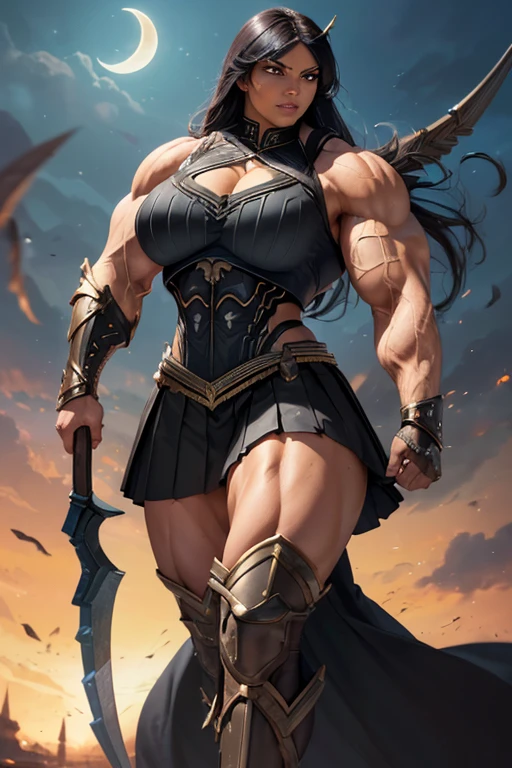 ((((Massive, tall, beautiful, buff, muscular brown skinned female Valkyrie with black hair, ginormous bulky muscles, holding a crescent moon scythe and wearing an all black gleaming Valkyrie armor and pleated skirt)))), (close view), black eyeliner, massive muscles, massive biceps, hyper muscle triceps, (long straight hair), orange eyes, valkyrie boots, In heaven, steel Valkyrie armor, armor breastplate, nighttime, confident smile, (hyper muscles arms), hyper muscle legs, (ginormous arms)