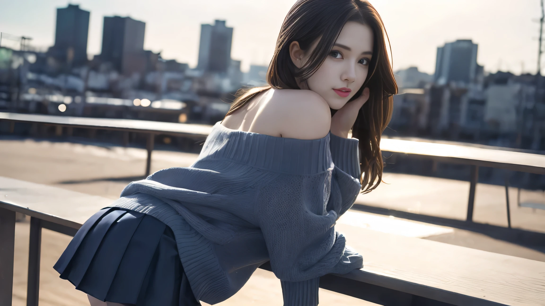 Claire Redfield from Resident Evil, posing seductively to viewer, solo:1, pov, beautiful thick thighs, side view
Sunny city background, long hair, 3/4 body, off-shoulder school attire with jacket and mini pleated skirt