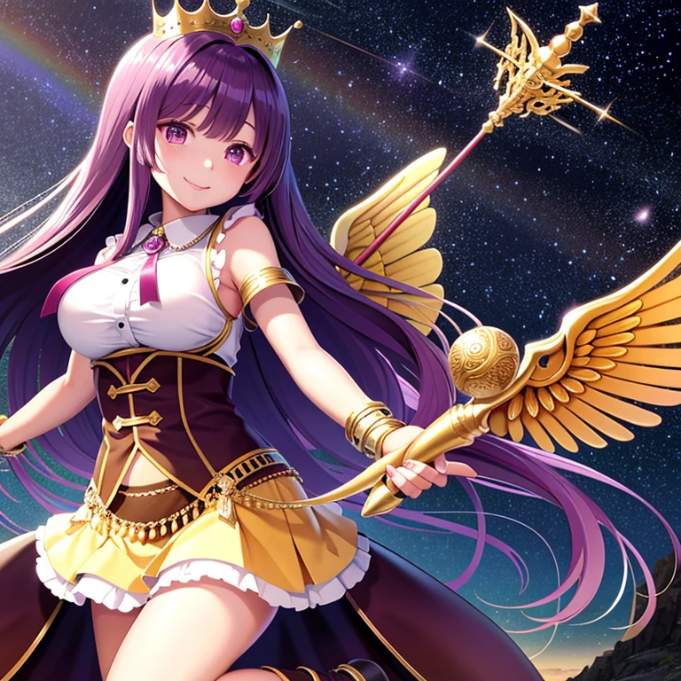 rainbow,Fishing,desert,Cleopatra,Heartful Smile,Fukuhara Ai Image,Purple long hair,Large Breasts,Wear a skirt,Wearing a golden crown with wings,Crystal Power Makeup