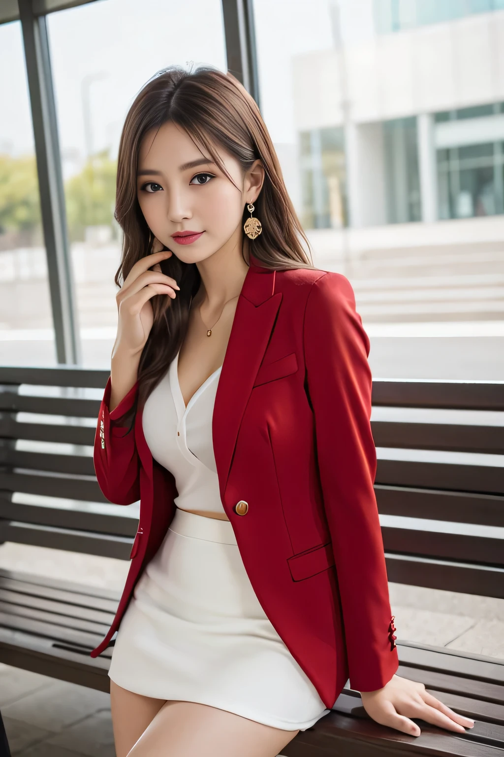 1 female), beautiful, Great face and eyes, Compensate, (Very detailedbeautiful顔), Captivating smile, (highest quality:1.4), (Very detailed), (very detailed CG synthesis 8k wallpaper), Very detailed, RAW Photos, Professional photography, (bright red suit, White mini skirt:1.2), (A business shirt with a wide open chest), length, light brown, Messy Hair、Big earrings、Sitting on a bench、