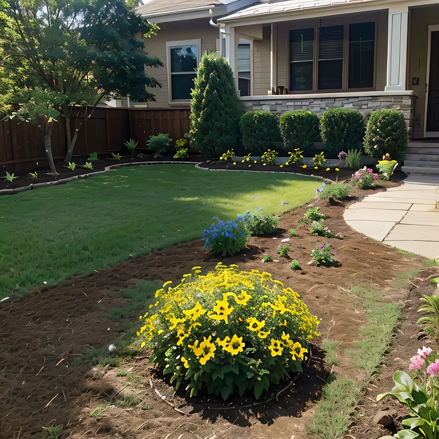 front yard with landscaping garden footage of perennial flowers being planted