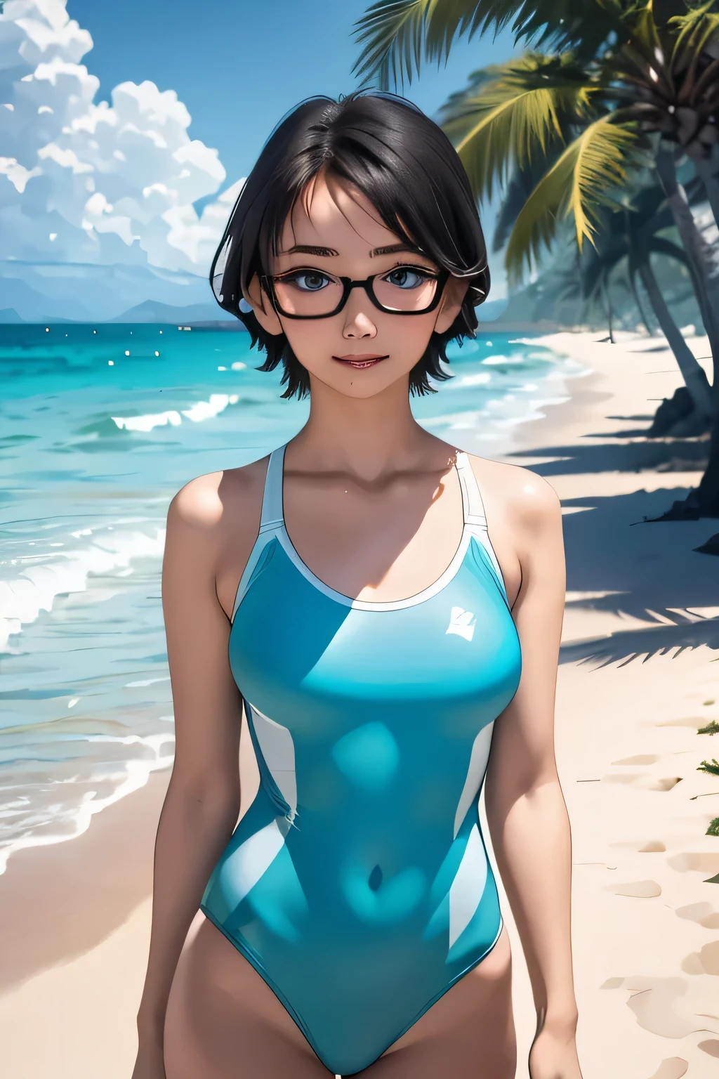 (masterpiece, highest quality), One Girl, Satou, Satou, Glasses, Glasses with red frames, School Swimsuit:1.5, Satou, Glasses, Glasses with red frames, Swimsuit,Summer sea,Beach:1.4, head to waste,