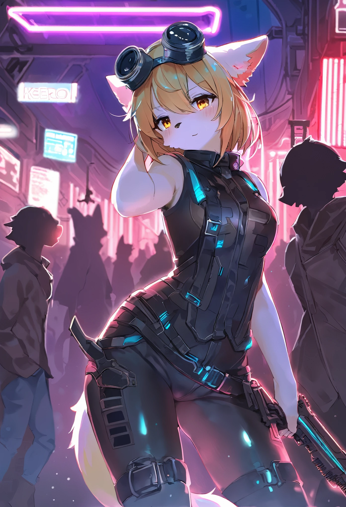 masterpiece, best quality, novel illustration, highres, steam-punk meets sci-fi, rubber suit, neon lights glowing, station platform crowded, (1boy, 1girl, hero, heroine, kemono, furry, anthro), shoots weapon, alluring neon-glow, steam-punk world, gothic atmosphere, sensuality of the scene, 1girl protagonist with gun, station scene, neon sign, glittering neon cityscape, crowd of people.