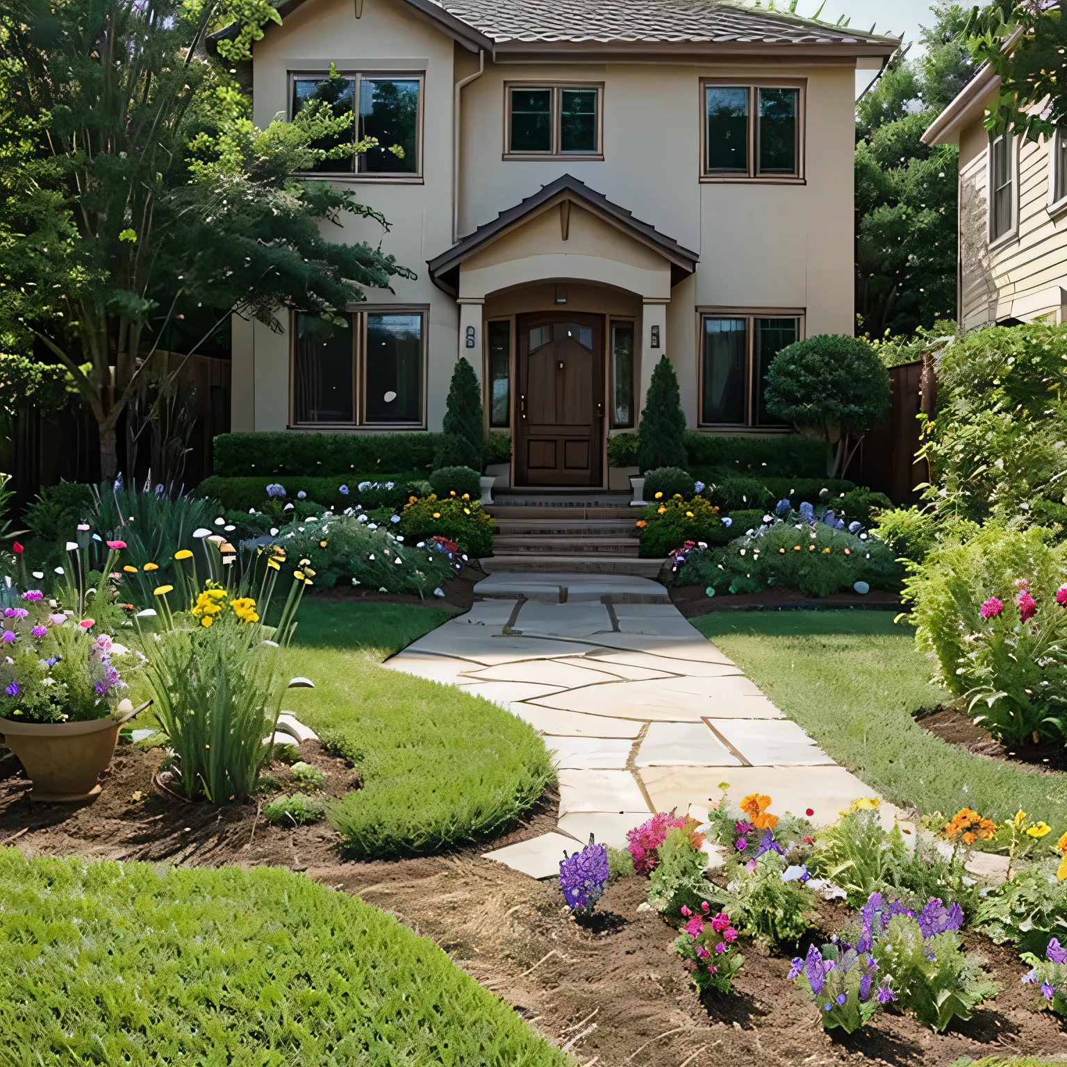front yard with landscaping garden footage of perennial flowers being planted
