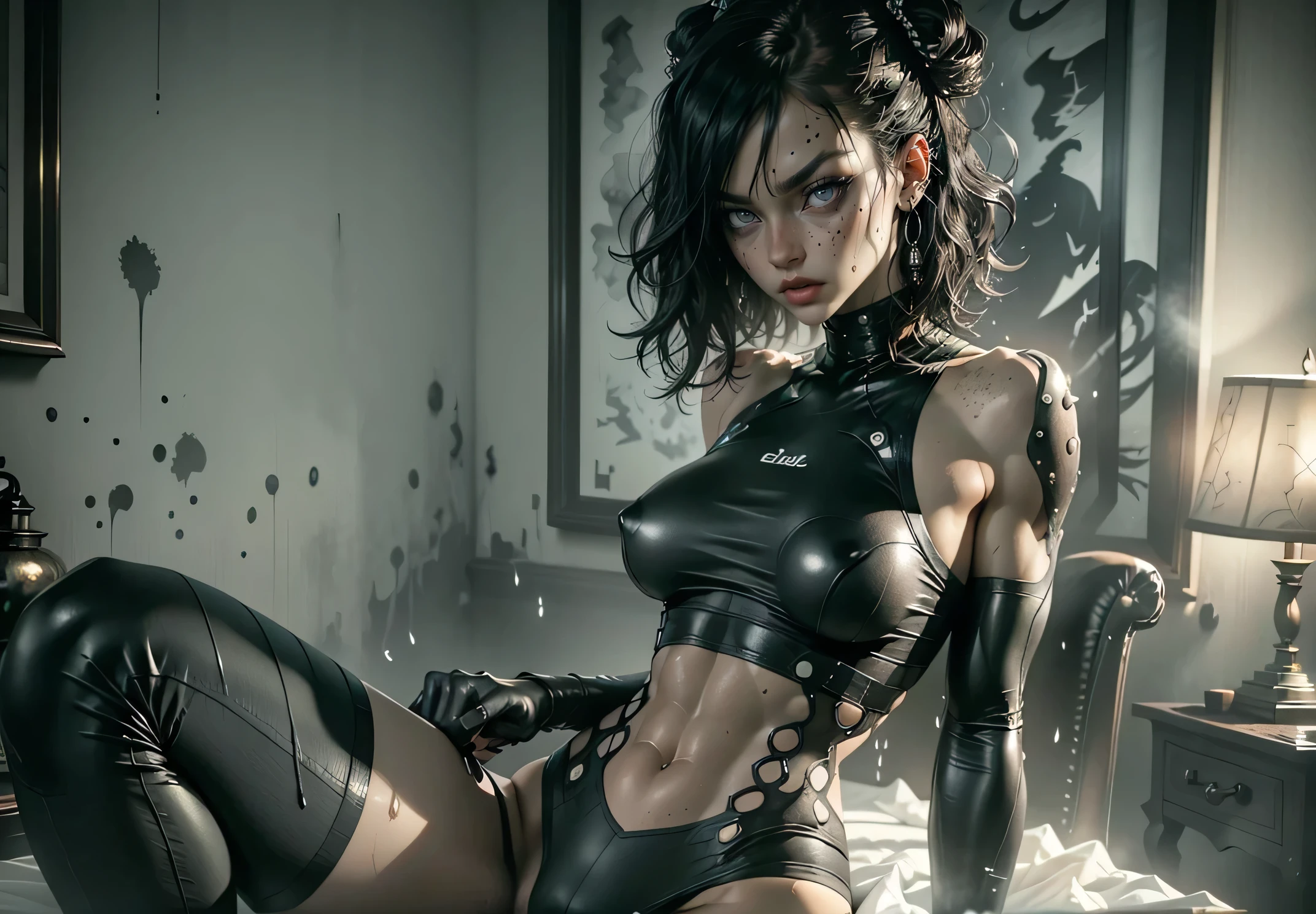 ((Perfect eyes)), ((wet)),(((white cum))), ((she has a very skinny and toned strong body)), ((makeup)), ((freckles)), ((perfect eyebrows)), ((sharper edges)), ((perfect scary grey eyes)), perfect intimidating face, slut, sadistic, predatory, better detail on her skin, perfect face and strong jawline, perfect full wet lips, sadistic atmosphere, wet sweaty skin, more detail, beautiful intimidating grey eyes, ((beautiful horror)), better lighting, more toned muscles, perfect detail on her intimidating eyes, very tight underwear, ((tight pussy)), (((tighter clothing))), slutty, intense, perfect detail, tight abd sexy, ((piercings)), better detail on her bellybutton, skinny, skinny and strong, more skin showing. She is a sexual predator, intense, slutty, freckles, tight , she looks like an android.