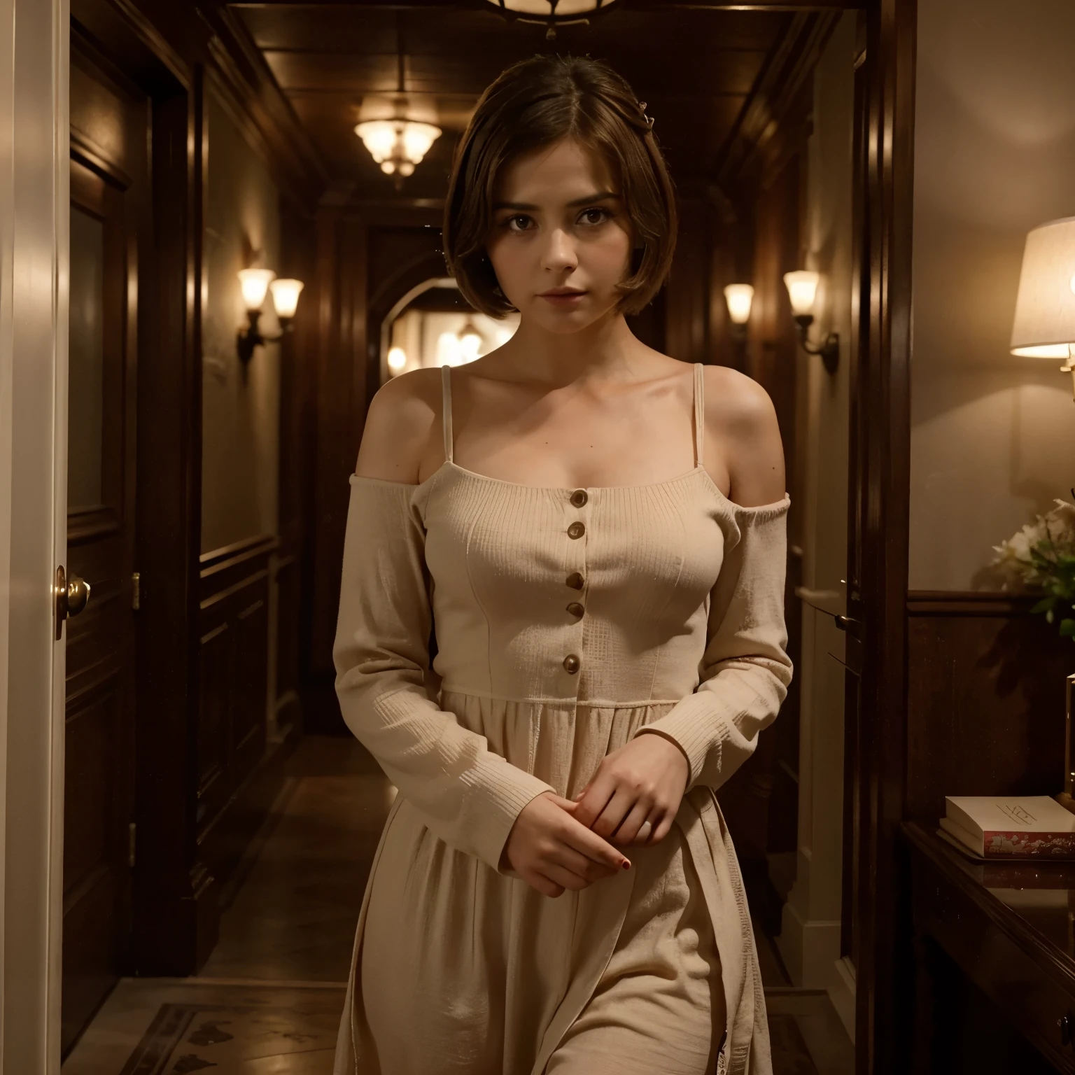 She is a woman in her twenties, with a look that combines the classic elegance of Jenna Coleman with the touch of determination of Resident Evil's Jill Valentine. Seus cabelos castanhos caem em cachos suaves, enquadrando um rosto delicado, adornado com olhos expressivos e penetrantes. She wears slightly thick glasses that add an intellectual charm to her look and wears a brown leather coat.. Your posture is confident, and his presence radiates a mixture of intelligence, courage and grace.