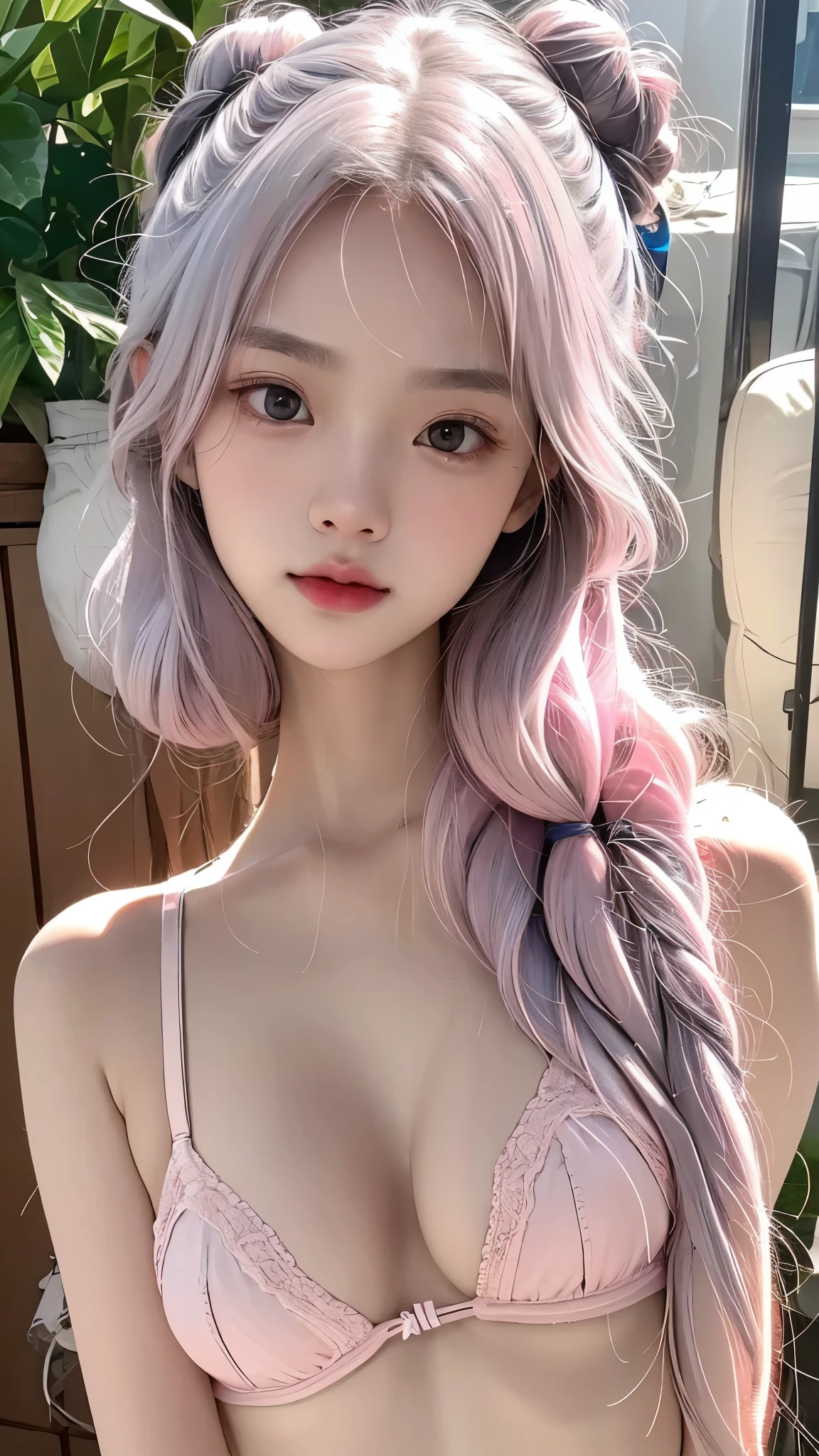 ((upper body)), 1girll,Light shines on the face, rosy lips, topknot, glowing eyes, hair bun, Surrealism, close-up, Sony FE GM, polar opposites, symmetry, UHD, masterpiece, super detail, high details, highres,pink silver hair,Small breasts,Are thin,A famous Korean idol singer with a rich voice,A famous Korean idol and beautiful dancer with advanced athletic ability,Eyes are narrow eyes,bright personality,The belly button and the surrounding area are exposed,Thin cotton underwear,Light pink cotton underwear,string underwear bikini,