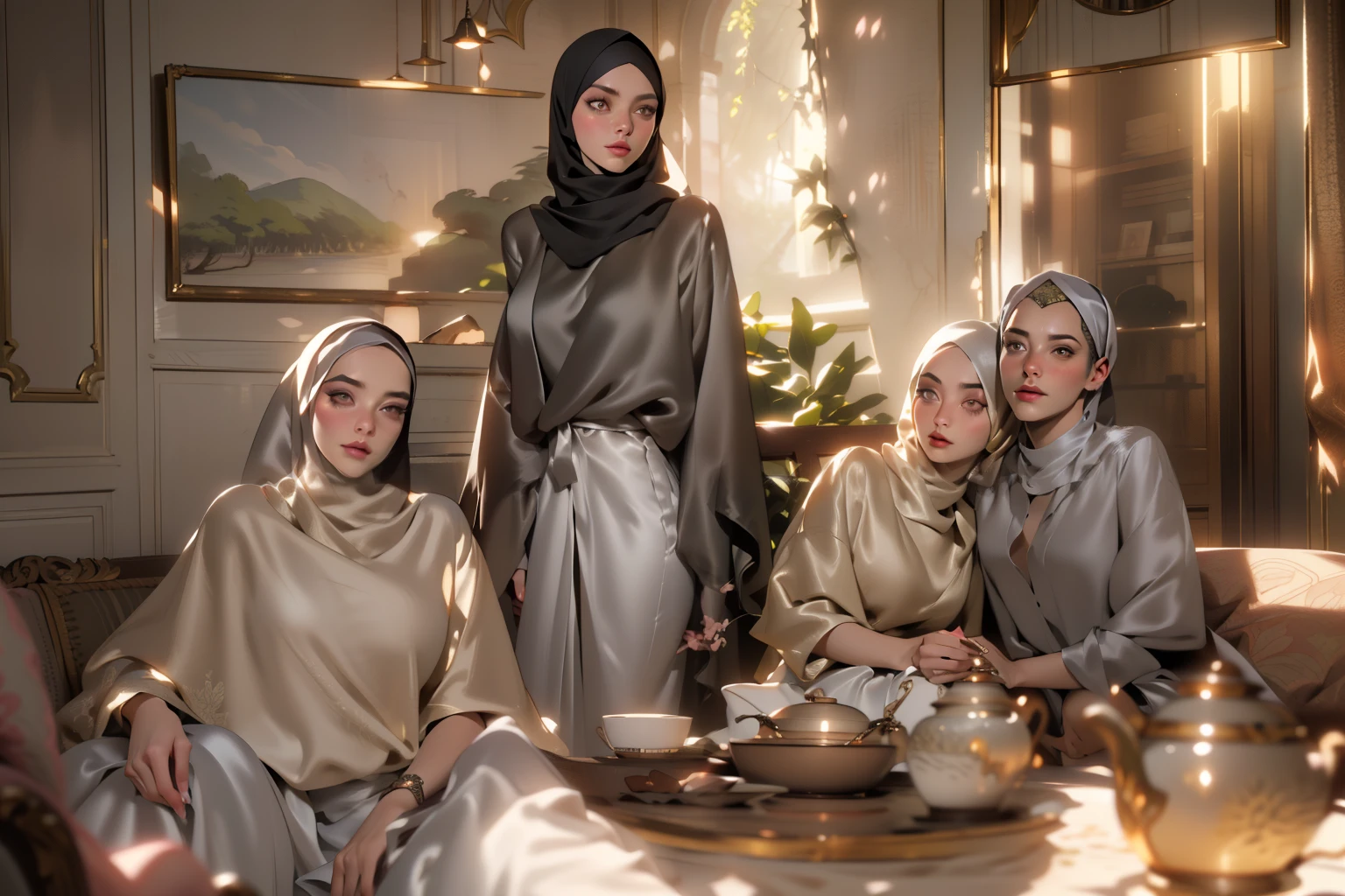 3DMM, ((Masterpiece, best quality, photography, detailed skin, realistic, photo-realistic, 8k, highly detailed, full length frame, High detail RAW color art, diffused soft lighting, shallow depth of field, sharp focus, hyperrealism, cinematic lighting, hijab, a woman in a beautifully makeup, eyeshadow, beautiful big eyes, ((Brown eyes)), long eye lashes, wearing (Taupe satin hijab), loosely tide hijab style, ((gray satin shirt)), satin long maxi skirt, dancing under tree, sakura garden