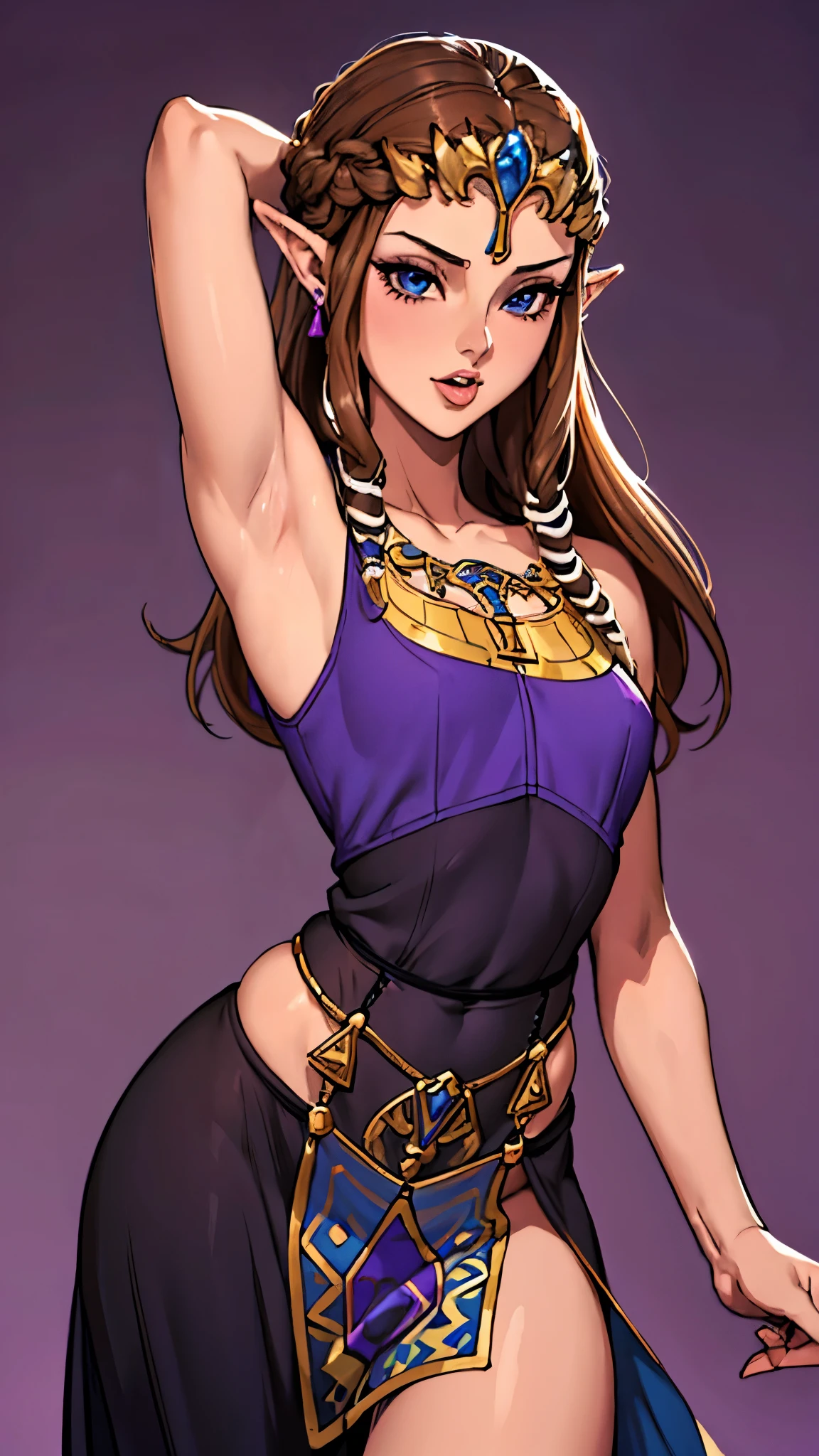 8K high quality, high accuracy, Princess Zelda, beautiful figure, beautiful face, Princess Dusk, beautiful, bright, highlights in eyes, small ears, brown hair, beautiful line drawing. Mouth open, tongue hanging out, purple background, blue eyes, dressed in black dress, revealing outfit, arms raised, armpits showing, depicted from head to belly,