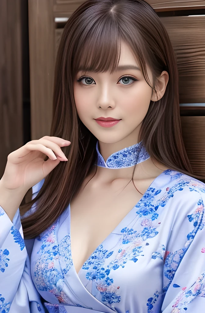 masterpiece, Multiple Mature Women per photo, Front view, Cute Japanese middle-aged woman, Long Bob Hair, (Lavender floral patterned traditional Chinese clothing), Very cute face, Glossy Lips, Double eyelids on both eyes, Natural Makeup, Brown Hair, Asymmetrical bangs, High resolution, Attention to detail, Detailed hairstyle, Detailed face, Octane Rendering, Ultra-realistic, Perfect limbs, Black Choker, blue eyes, Big Breasts, ((Slim body:1.5)), Cool Beauty, ((Slim face)), smile, ((Straight Long Hair)), Mature Woman, Browsing Caution:-1.2, Wood grain table, Wooden wall, Very long eyelashes, Beautiful white feet, Cowboy Shot, Cleavage