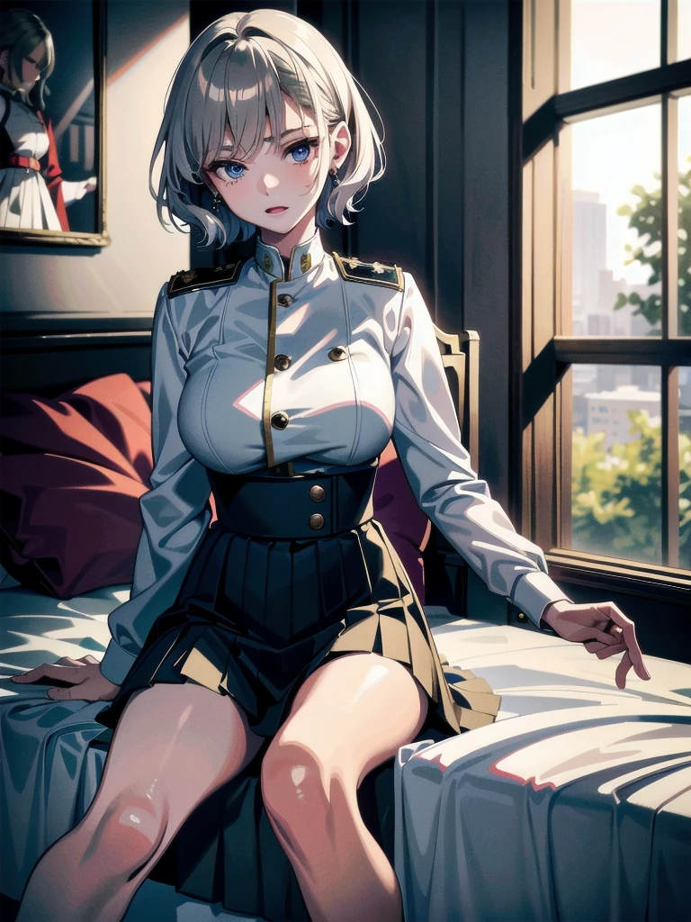 military uniform, absurdres, RAW photo, extremely delicate and beautiful, masterpiece, Best Quality, ultra high resolution, 32k, hyperrealistic, ultra-detailed, detailed description, pale skin, 20 years old, tearful mole, earring, Colossal tits, short medium hair, wavy hair, pleated skirt,