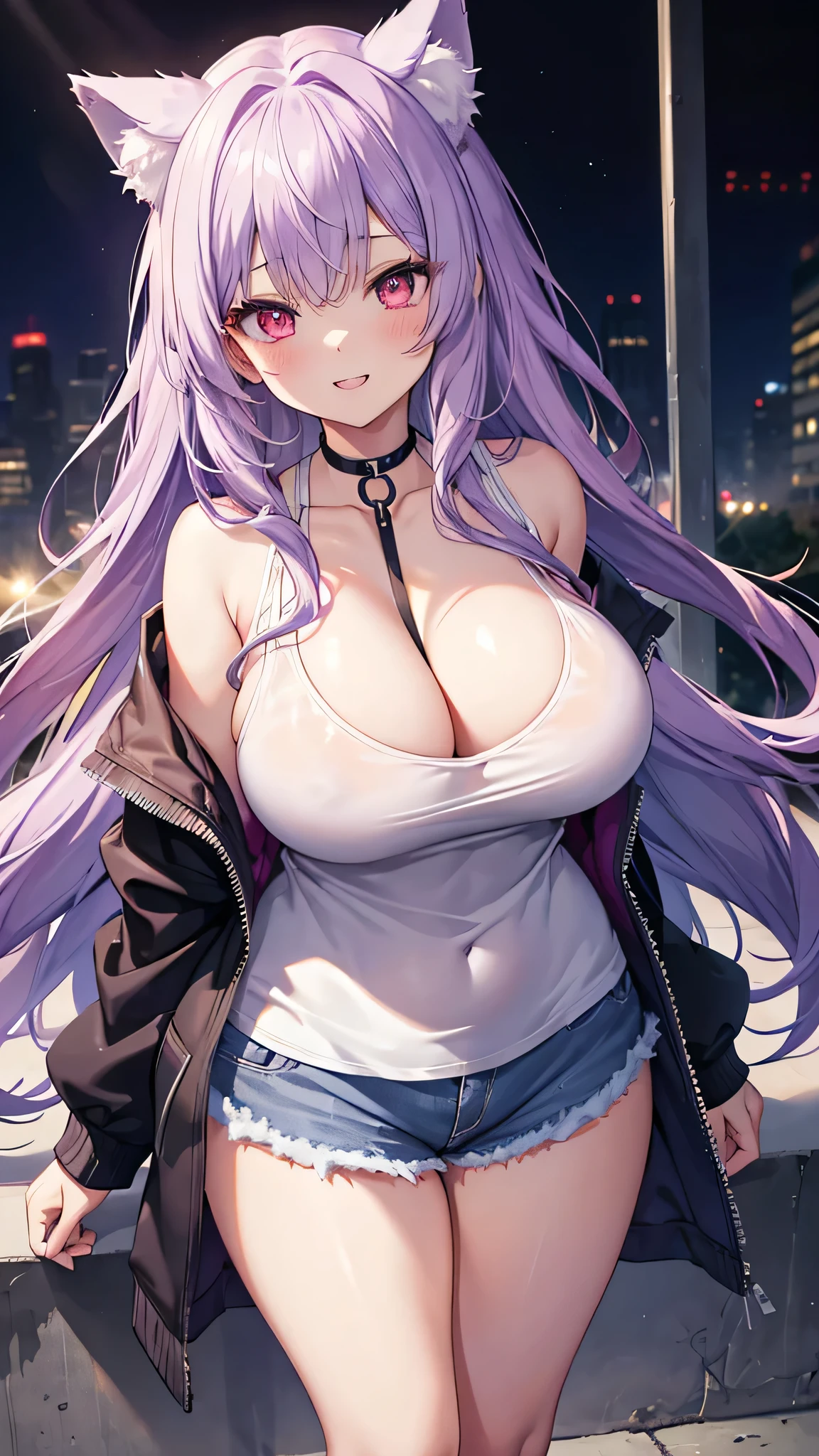 Wolf Girl, Large Breasts, Voluminous light purple hair, masterpiece , Red eyes, hd, Thick thighs, Head to Chest, buried in my chest、Double teeth、tooth、Chubby、Grinning、Vertical Line Camisole、Big Tits、Denim Jacket、white iris、