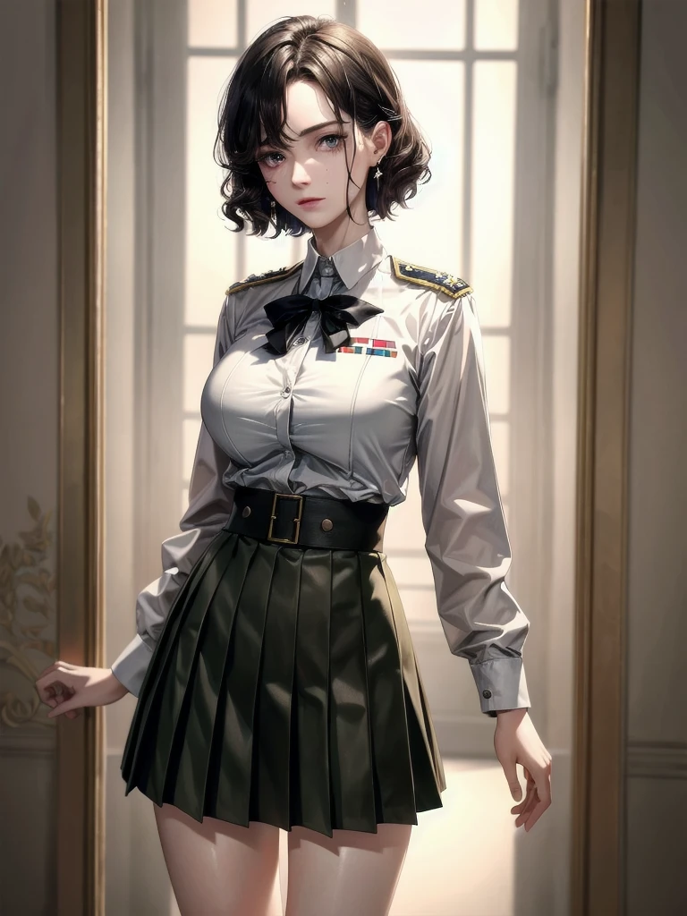 military uniform, absurdres, RAW photo, extremely delicate and beautiful, masterpiece, Best Quality, ultra high resolution, 32k, hyperrealistic, ultra-detailed, detailed description, pale skin, 20 years old, tearful mole, earring, Colossal tits, short medium hair, wavy hair, pleated skirt,
