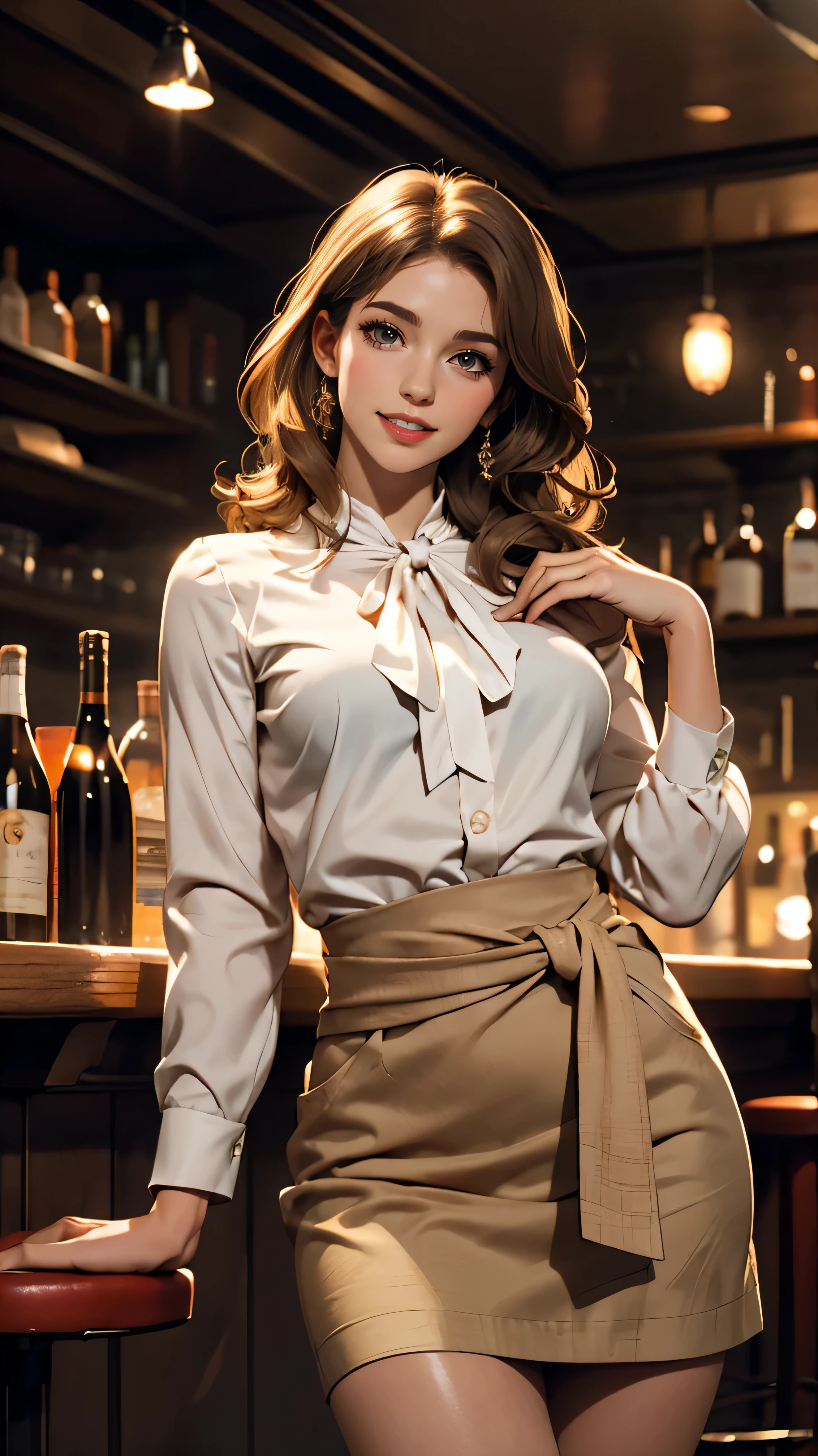 Claude Monet 、Sits on a bar chair by the counter in a seductive pose in a stylish bar at night、White long sleeve buttoned blouse_Brown tweed mini skirt,Super long brown hair,Hair with loose waves insid、blue eyes、Long straight hair_Hair reaching down to the waist、shy smile、full figure supermodel standing, entire body in frame、Shoot so that the whole body is captured away from the camer、standing gracefully、close her eyes,open her mouth wide,Furrow her brow deeply、look down at the viewer,from below