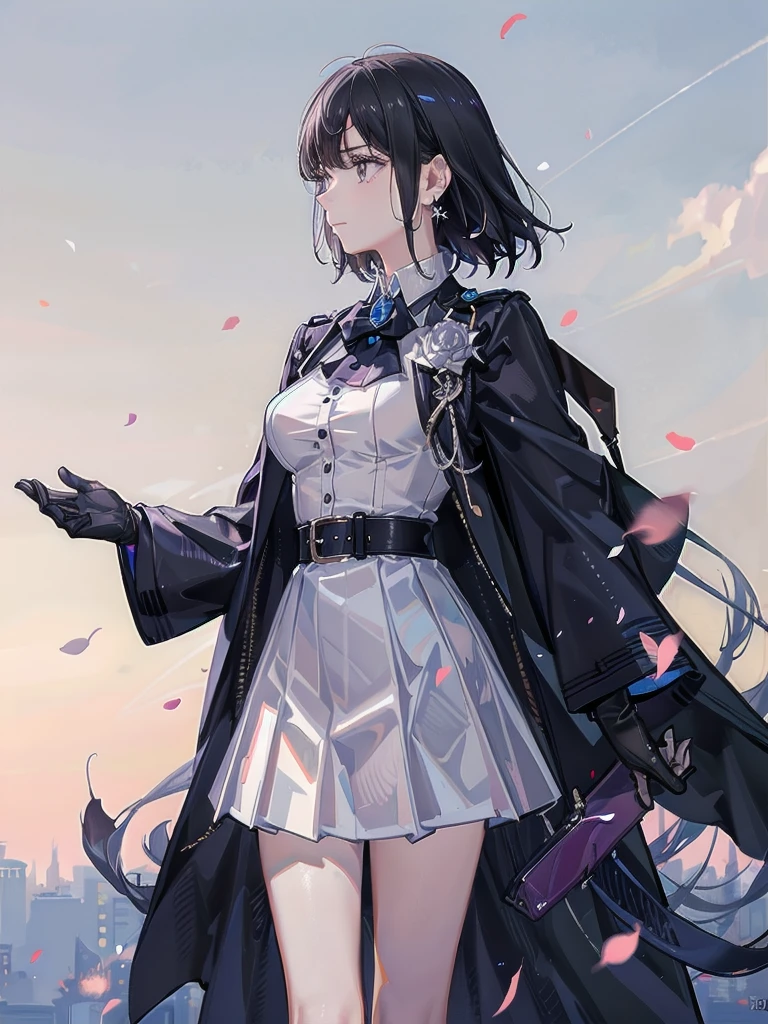 military uniform, absurdres, RAW photo, extremely delicate and beautiful, masterpiece, Best Quality, ultra high resolution, 32k, hyperrealistic, ultra-detailed, detailed description, pale skin, 20 years old, tearful mole, earring, Colossal tits, short medium hair, wavy hair, pleated skirt,