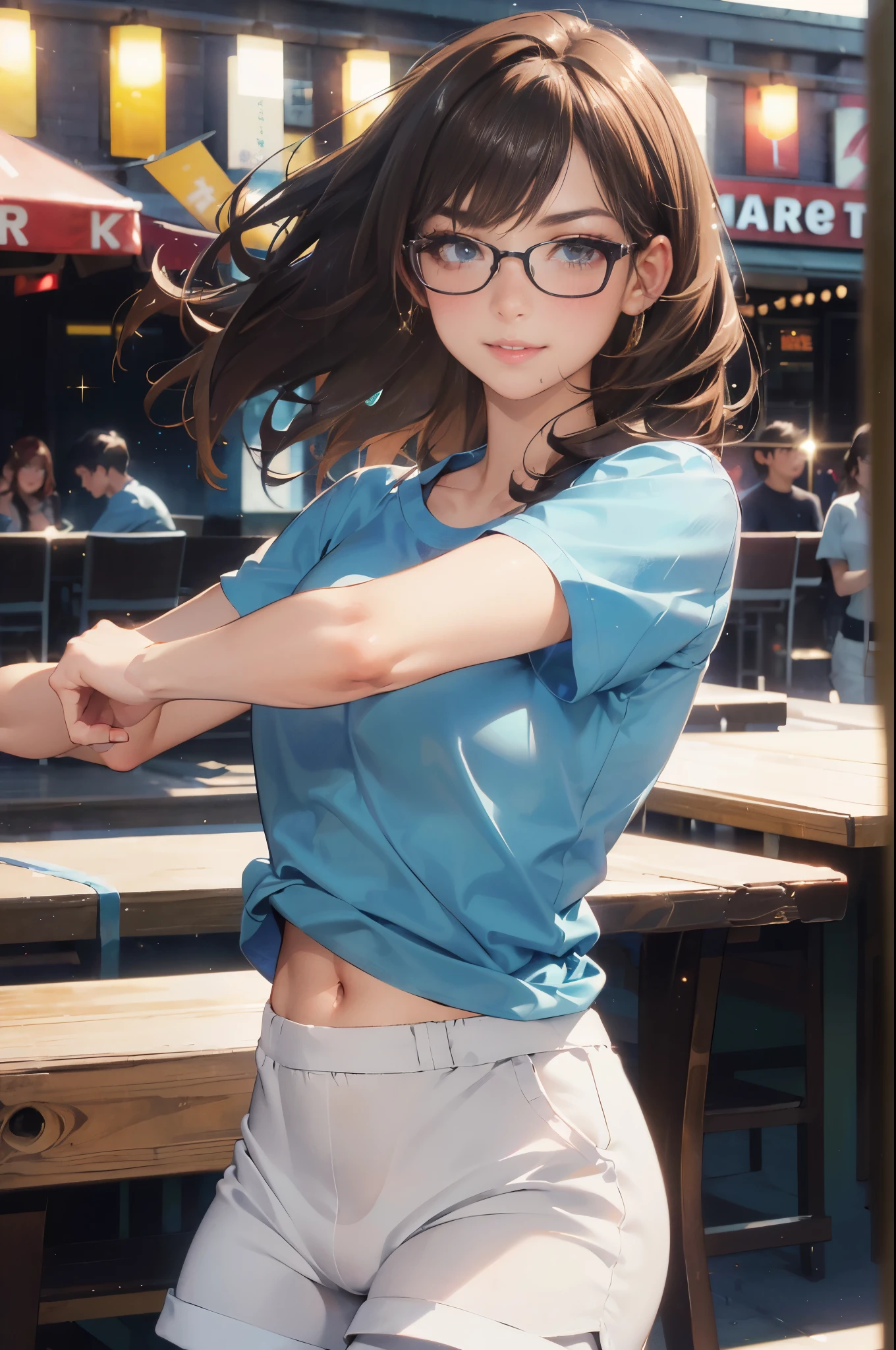 (maximum resolution: 1.2), (ultra high definition:1.2), cinema light, 8K resolution, fine eyes and skin, detailed face, perfect style, cute face, Accurate, anatomically correct, Highly detailed face and skin texture, double eyelid, thin eyebrows, glitter eyeliner: 1 natural cheek, shiny skin, Fair skin, Glossy skin: 1.2, (glossy lips: 1.4), (embarrassed look: 1.2), woman, (highest quality:1.2), cinematic lighting, perfect style, beautiful face, blush, glare, embarrassing, (smile:1.2), (short sleeves shirt:1.5), (white short pants:1.5), (cameltoe:1.2), dark brown hair, (fascinating body:1.2), Glasses, bare navel, long shot, (outdoor:1.5), (dancing:1.2)