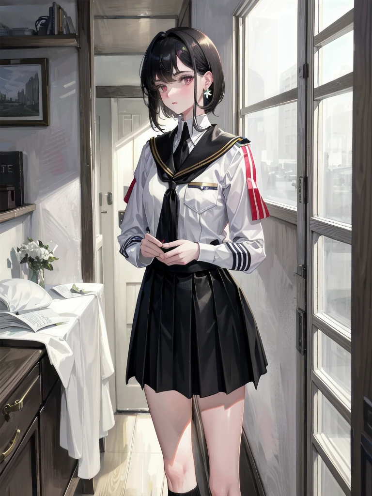 military uniform, absurdres, RAW photo, extremely delicate and beautiful, masterpiece, Best Quality, ultra high resolution, 32k, hyperrealistic, ultra-detailed, detailed description, pale skin, 20 years old, tearful mole, earring, Colossal tits, short medium hair, wavy hair, pleated skirt,