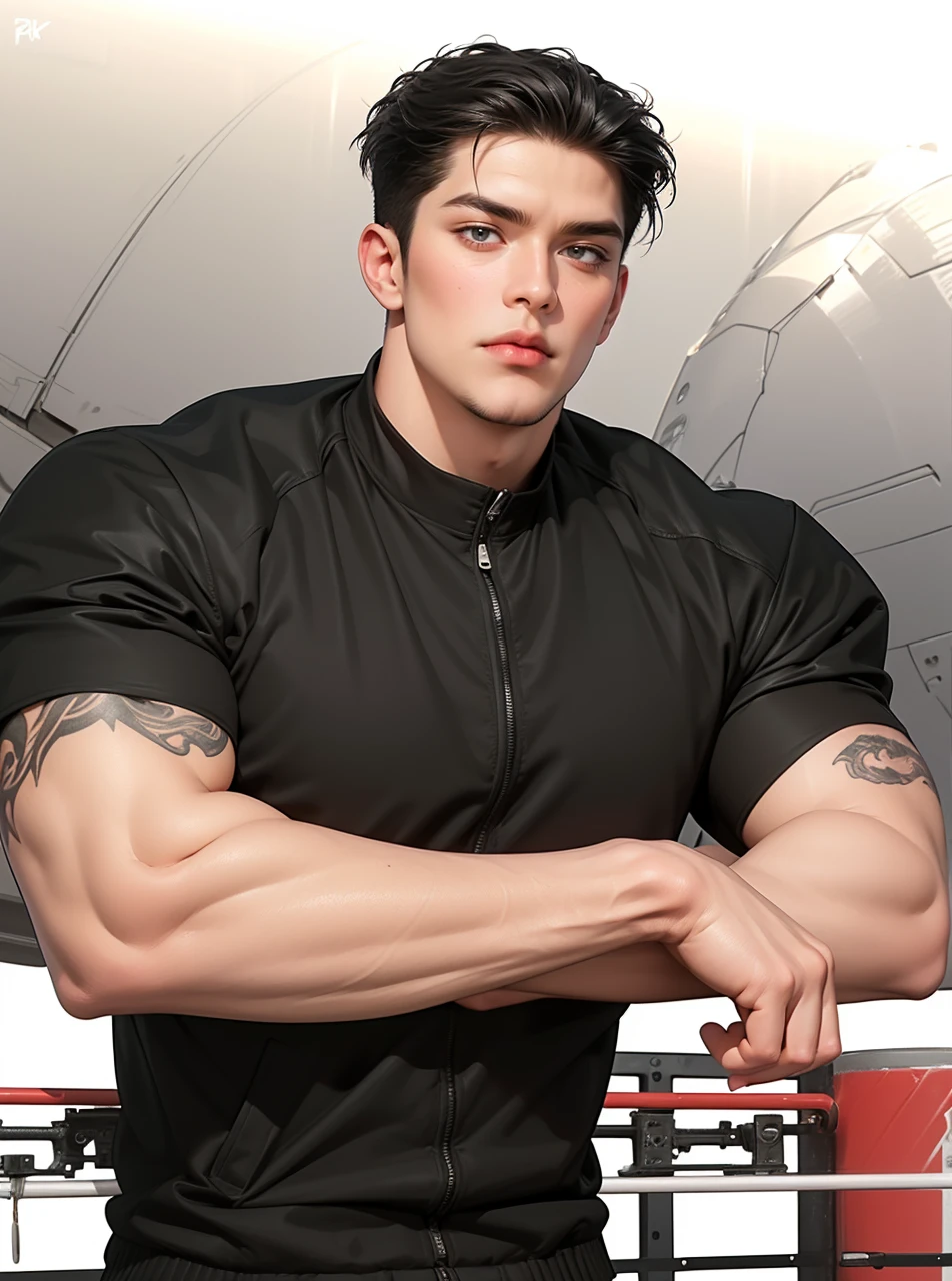 (best quality,4k,8k,highres,masterpiece:1.2),ultra-detailed,realistic,professional,(portraits,concept artists),vivid colors,sharp focus,HDR,studio lighting,(black hair:1.1),(black eyes:1.1), a man, muscualr,strong body,trained, ((wearing half sleeve black jacket)),