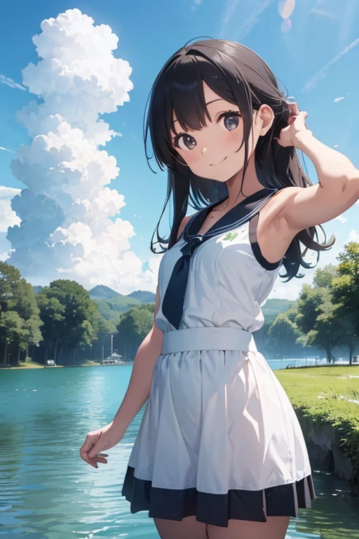 Sleeveless one-piece skirt, Pier on the lake, summer, White clouds in blue sky, cumulonimbus, Green Forest, 14 year old beautiful girl, Are standing, Smiling, whole body