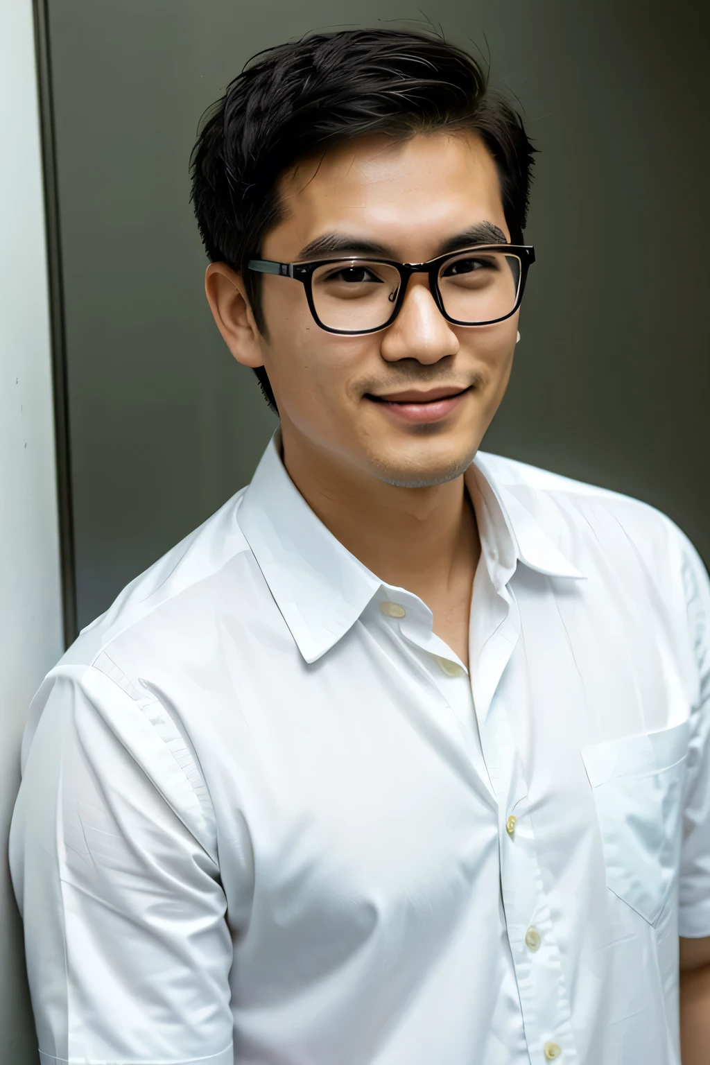 （protrait photo）asian man, 30 years old, project Manager。wear glasses，He is wearing a dark suit, Pair with a white shirt and dark tie。His hair is neat, Face clean and clean, round face，(super short hair: 1.5)，Eyes reveal wisdom and confidence。He smiles and looks at the camera, Convey a professional and capable temperament, Ultra high quality, masterpiece, textured skin, high quality, high resolution, best quality, high detail，Half-length photo，ID photo
