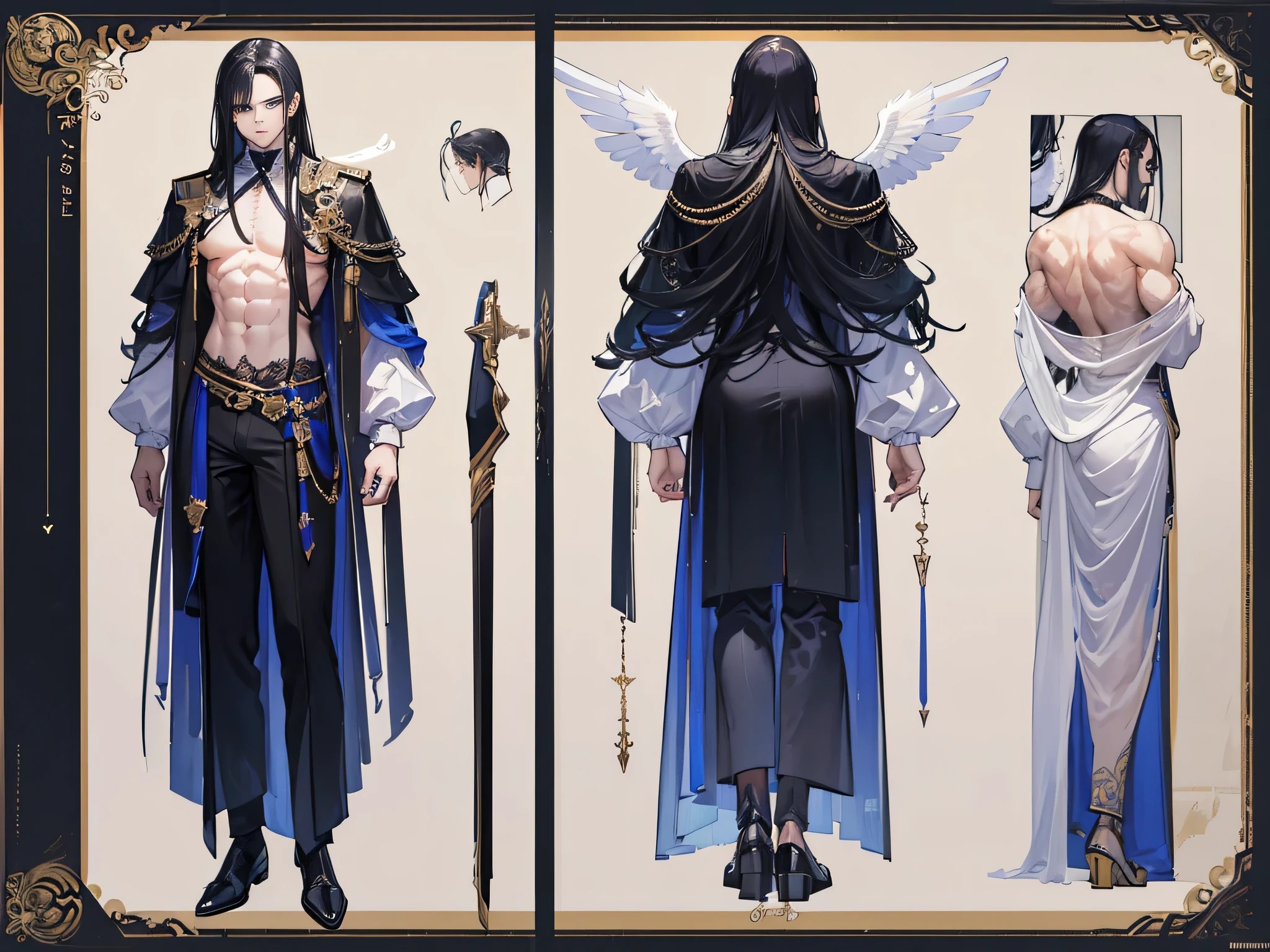 ((Masterpiece, Highest quality)), Male, boy, Detailed face, character design sheet， full bodyesbian, Full of details, frontal body view, back body view, Highly detailed, Depth, Many parts, angel wings, black hair, angel outfit, Muscle boy with black long hair，handsome man, male angel , man tall, 