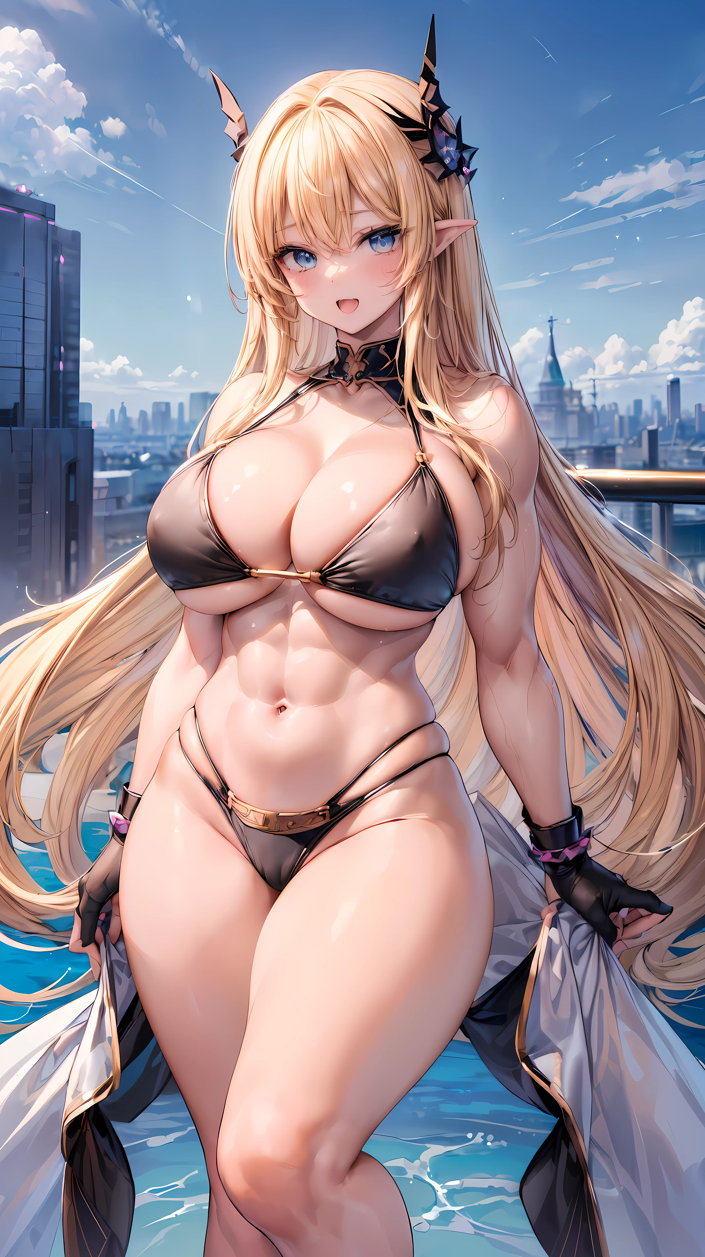 Very detailed、highest quality、Best image quality、masterpiece、8k、Anime Face、A kind smile、(Open your mouth:1.3)、Sparkling blue eyes、(Blonde semi-long hair:1.5)、(Muscles of the whole body:1.3)、(High leg:2.0)、Thigh belt、(Black high-cut bikini:1.5)、(Upper body photo:1.5)、(SFW Giant)、(Thick body:1.2)