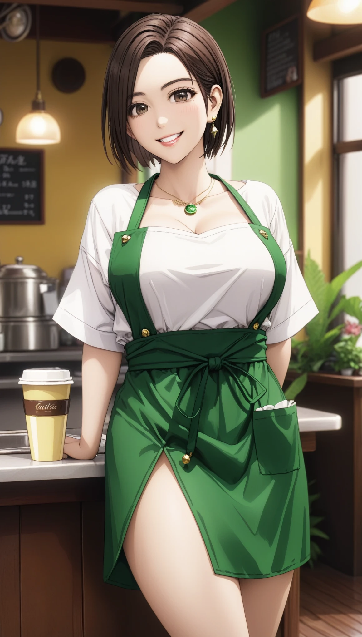 (masterpiece, best quality, very aesthetic, ultra detailed), intricate details,
1girl, kotohadef, short hair, mole, earrings, jewelry, collarbone, white shirt, green apron, smile, cafe, cup, looking at viewer, large breasts, thick thighs, curvy hips 