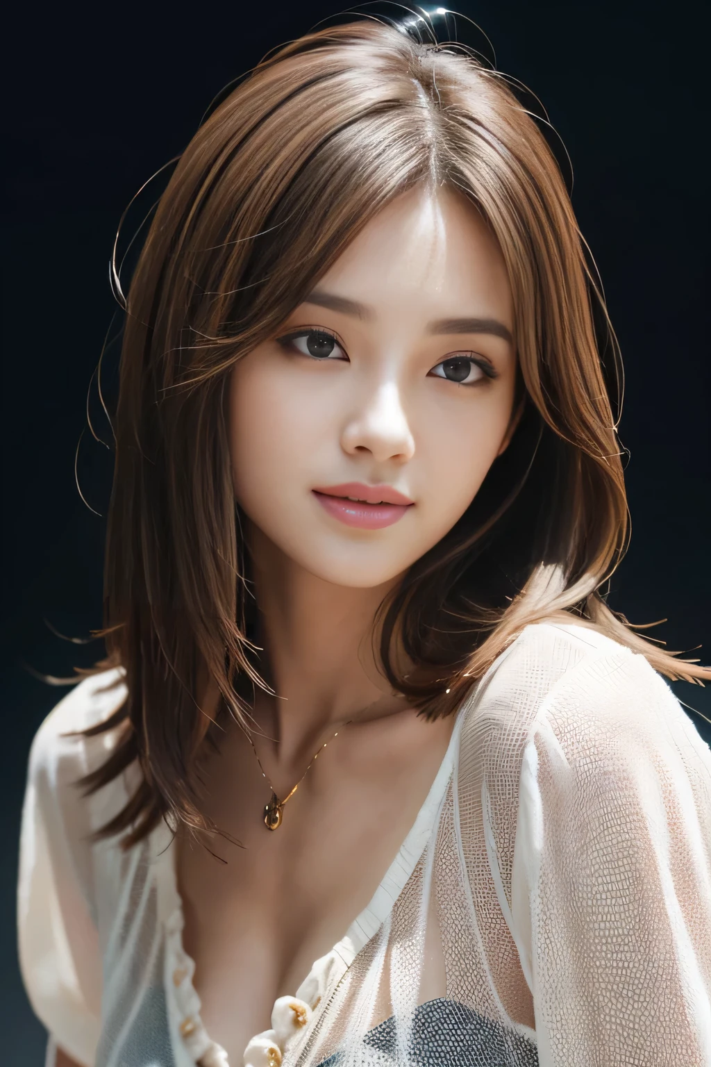 Tabletop, highest quality, Realistic, Very detailed, finely, High resolution, 8k wallpaper, One beautiful woman,, Light brown messy hair, He is wearing a black see-through open-necked shirt.。....., Sharp focus, Perfect dynamic composition, Beautiful and detailed, Thinning hair, Detailed Realistic skin texture, smile, Close-up portrait, Model Body Type、president&#39;secretary、mini skirt、High heels、