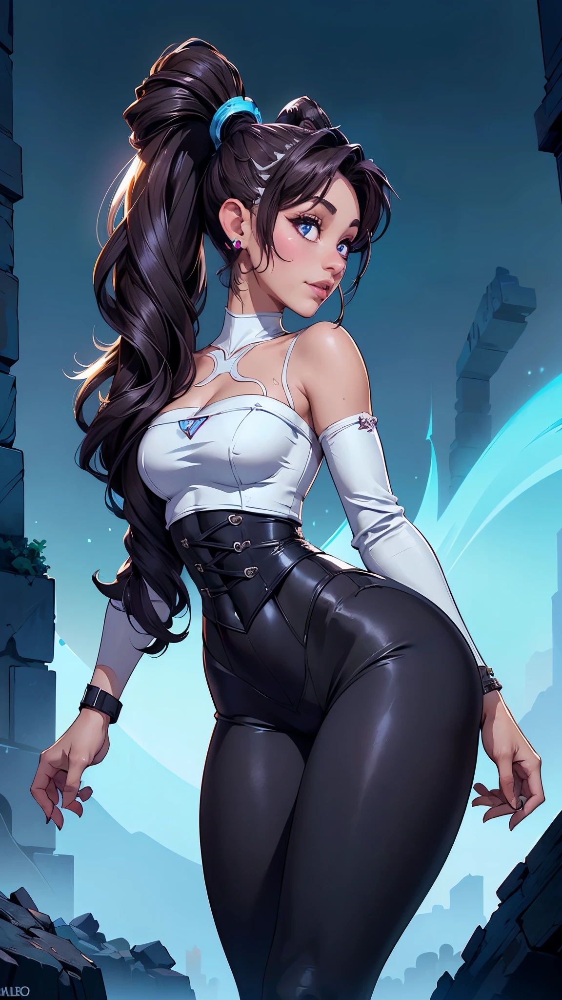 (La mejor calidad,A high resolution,Ultra - detallado,actual),Ariana Grande, cuerpo perfecto, Abdominales delgados, Dark brown hair, (top corto blanco kawaii :1.4) , Externo, Calle, Super facial slimming, entrecierra los ojos, double eyelids, piernas largas,( white thin section) , (vaquero blanco:1.4) , hermoso trasero, Extremidades largas, culo redondo y saliente, paso, ,(Fondo de ruinas de mazmorra en ruinas:1.4 ), (rear view, backside view),dynamic pose, (no mutaciones) ,(face detailed :1.4), (Ariana Grande :1.4), (Ariana Grande V2.1)