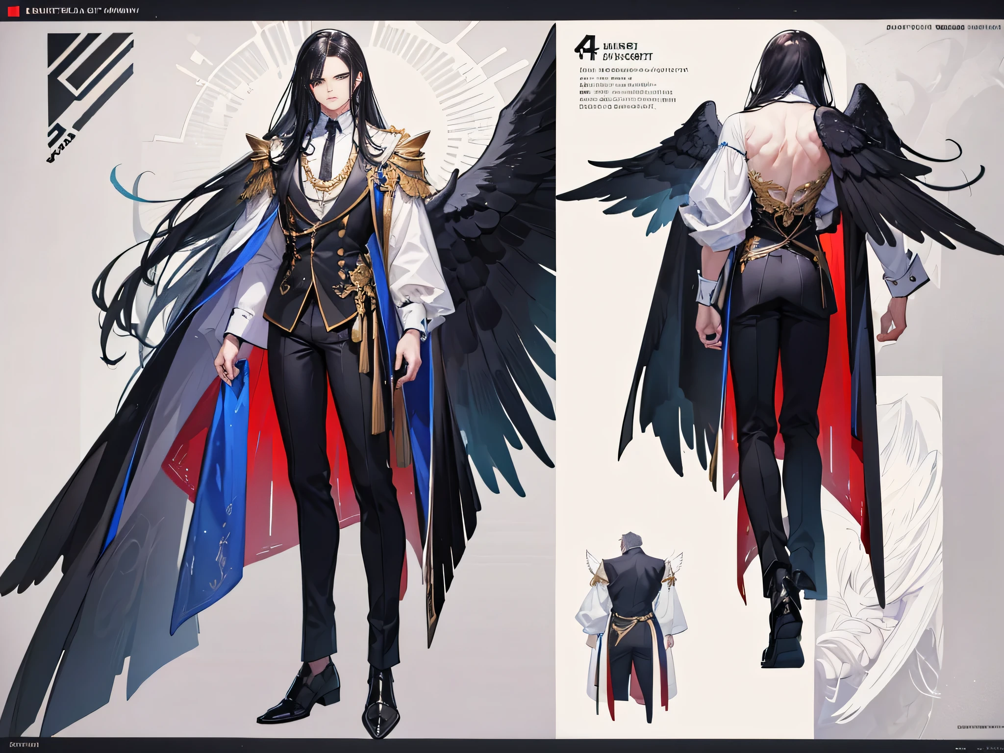 ((Masterpiece, Highest quality)), Male, boy, Detailed face, character design sheet， full bodyesbian, Full of details, frontal body view, back body view, Highly detailed, Depth, Many parts, angel wings, black hair, angel outfit, Muscle boy with black long hair，handsome man, male angel , man tall, 