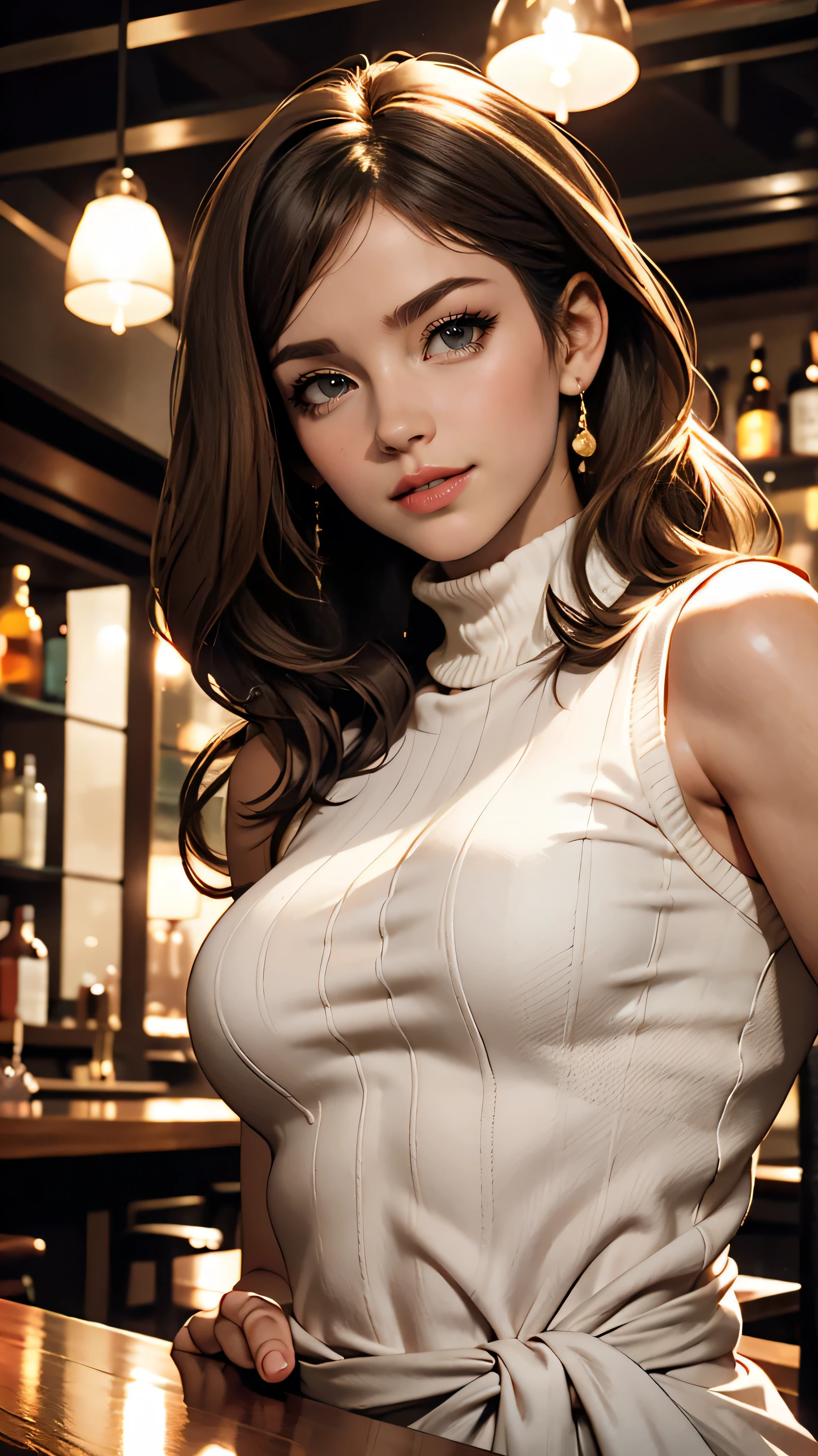 Sits on a bar chair by the counter in a seductive pose in a stylish bar at night、wearing a sleeveless turtleneck white knit dress,Super long brown hair,Hair with loose waves insid、black eye、Long straight hair_Hair reaching down to the waist、shy smile、full figure supermodel standing, entire body in frame、Shoot so that the whole body is captured away from the camer、standing gracefully、close her eyes,open her mouth wide,Furrow her brow deeply、look down at the viewer,from below、salute