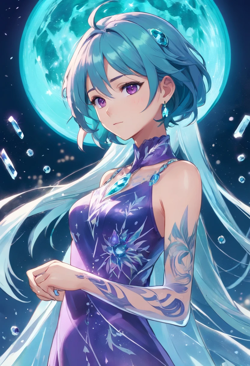 ((ice tattoos lines like vines appear on the face and arms of a girl ((full body)) with teal mix purple hair. purple eyes. dark-blue hair. wearing a soft crystal diamond glass dress with glass-boots of ice crystals. ((holding a metal moon shape disc around her wrists))"