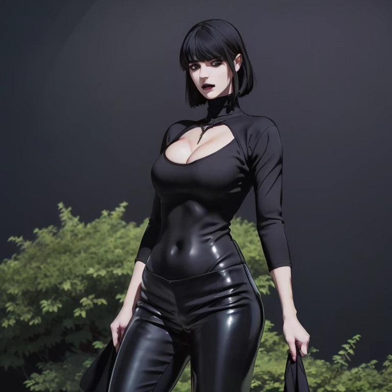 Manhwa goth girl, manhwa aesthetic, Looking at the audience, Light brown eyes:1.4, goth girl, Brunette long Bob Hair with highly detailed shiny hair, bright red clothes:1.4, Lepangas:1.4), illuminated skin (realistic texture), realistic shading, bright red eyes、{Huge|big chest|Huge|Mega} whole :2, Chest cleavage:2、(((Add highlights to the eyes:1.4、charming look 、Short Bob Hair、Glowing Skin:1.4、Looking at the audience、She is very beautiful and cute、Beautiful long neck, (cotton) black gothic shirt, latex tight pants, (converse) black sneakers, Ideal body type, (painted gothic Background:2、gothic garden background:2))、Beautiful long neck:1.4、(({Huge|big|Huge|Mega} chest, Chest cleavage:2、perfect Bodyは服を着ていない:1.6)),Perfect Anatomy, blade to side, strike pose, blade down, blade right hand, blurred background (masterpiece), best quality, high quality, highres, ultra-detailed), different poses at different angles.