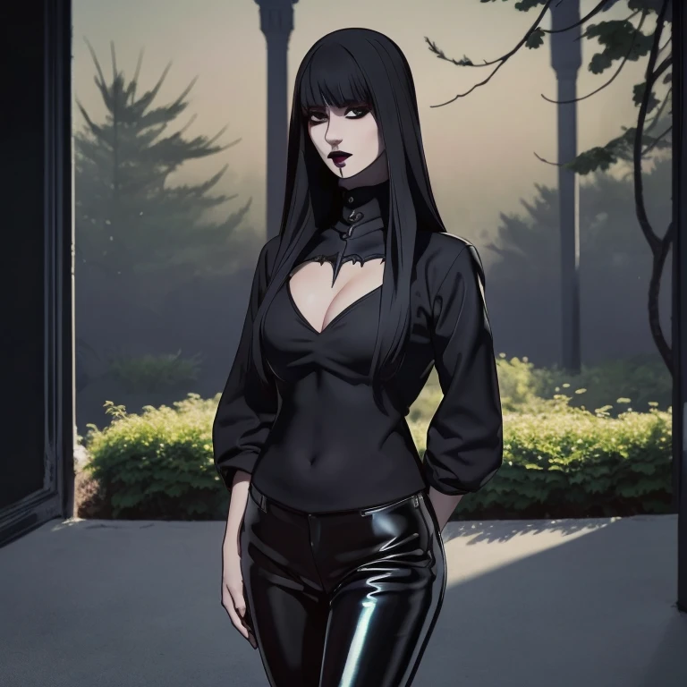 Manhwa goth girl, manhwa aesthetic, Looking at the audience, Light brown eyes:1.4, goth girl, Brunette long Bob Hair with highly detailed shiny hair, bright red clothes:1.4, Lepangas:1.4), illuminated skin (realistic texture), realistic shading, bright red eyes、{Huge|big chest|Huge|Mega} whole :2, Chest cleavage:2、(((Add highlights to the eyes:1.4、charming look 、Short Bob Hair、Glowing Skin:1.4、Looking at the audience、She is very beautiful and cute、Beautiful long neck, (cotton) black gothic shirt, latex tight pants, (converse) black sneakers, Ideal body type, (painted gothic Background:2、gothic garden background:2))、Beautiful long neck:1.4、(({Huge|big|Huge|Mega} chest, Chest cleavage:2、perfect Bodyは服を着ていない:1.6)),Perfect Anatomy, blade to side, strike pose, blade down, blade right hand, blurred background (masterpiece), best quality, high quality, highres, ultra-detailed), different poses at different angles.