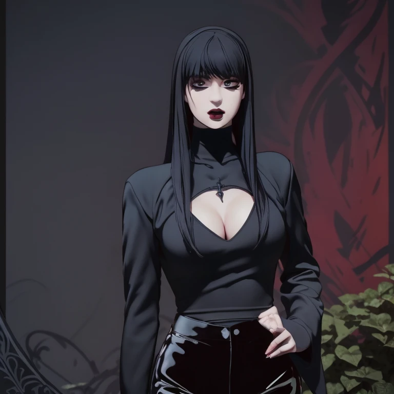 Manhwa goth girl, manhwa aesthetic, Looking at the audience, Light brown eyes:1.4, goth girl, Brunette long Bob Hair with highly detailed shiny hair, bright red clothes:1.4, Lepangas:1.4), illuminated skin (realistic texture), realistic shading, bright red eyes、{Huge|big chest|Huge|Mega} whole :2, Chest cleavage:2、(((Add highlights to the eyes:1.4、charming look 、Short Bob Hair、Glowing Skin:1.4、Looking at the audience、She is very beautiful and cute、Beautiful long neck, (cotton) black gothic shirt, latex tight pants, (converse) black sneakers, Ideal body type, (painted gothic Background:2、gothic garden background:2))、Beautiful long neck:1.4、(({Huge|big|Huge|Mega} chest, Chest cleavage:2、perfect Bodyは服を着ていない:1.6)),Perfect Anatomy, blade to side, strike pose, blade down, blade right hand, blurred background  (masterpiece), best quality, high quality, highres, ultra-detailed), different poses at different angles. 
