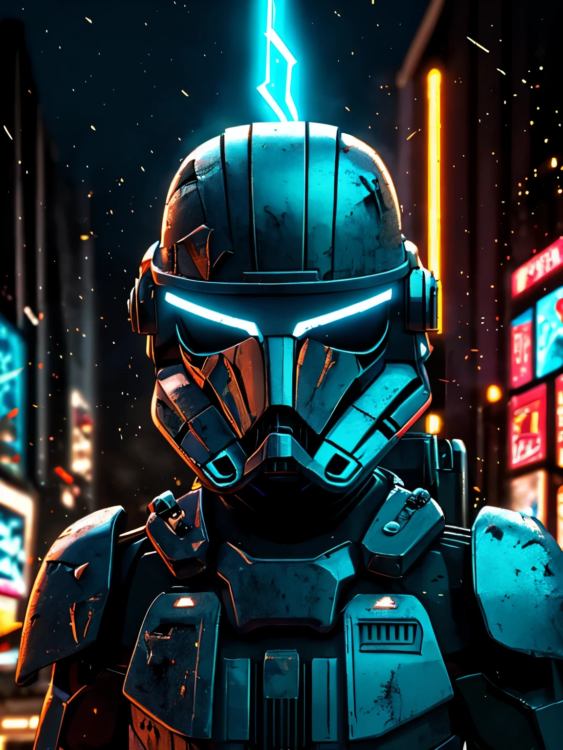 gloomy portrait of Zombie Stormtrooper from Star Wars, extremely detailed, futuristic cityscape, nighttime, glowing neon lights, smoke, sparks, metal shavings, flying debris, blue energy effects, volumetric light