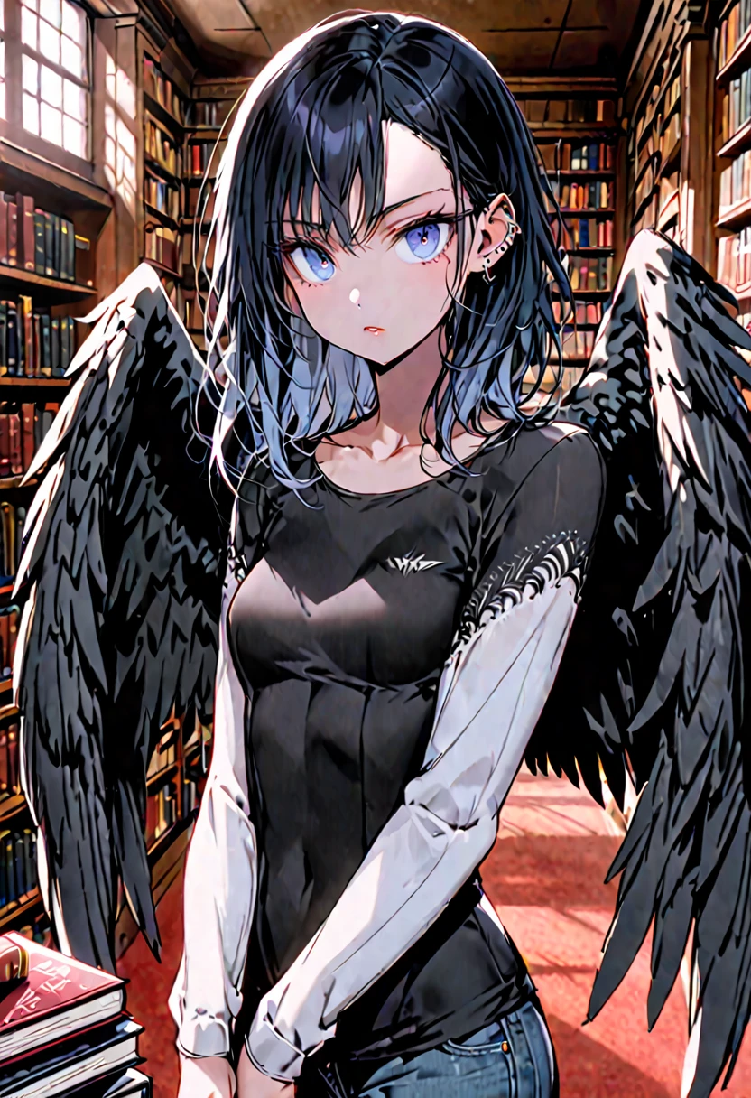 solo, female, sfw, medium shot, piercing ice blue eyes, Short sleek jet-black hair, Harpy, toned build, black winged arms, harpy, mischievous, small breasts, winged arms, wing hands, tight clothes, casual clothes, library, large wings