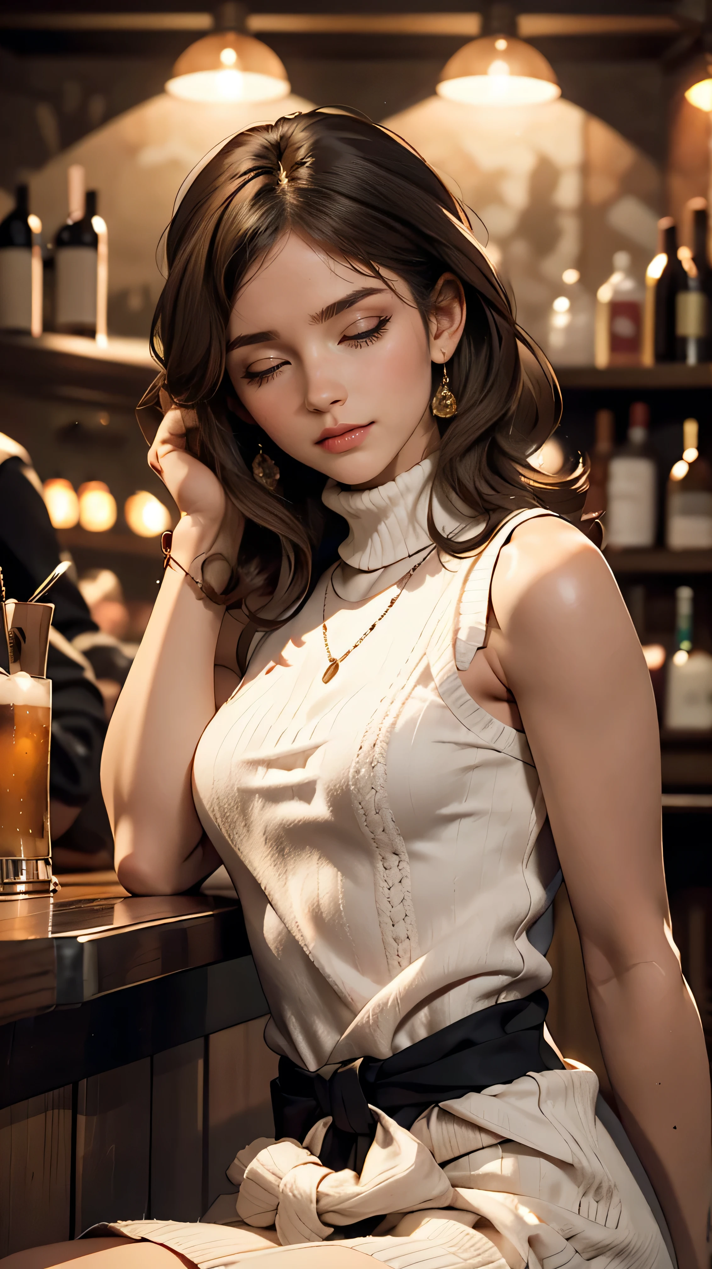 Sits on a bar chair by the counter in a seductive pose in a stylish bar at night、wearing a sleeveless turtleneck white knit dress,Super long brown hair,Hair with loose waves insid、black eye、Long straight hair_Hair reaching down to the waist、full figure supermodel standing, entire body in frame、Shoot so that the whole body is captured away from the camer、standing gracefully、Sad expression with head bowed、((close her eyes:1.6))